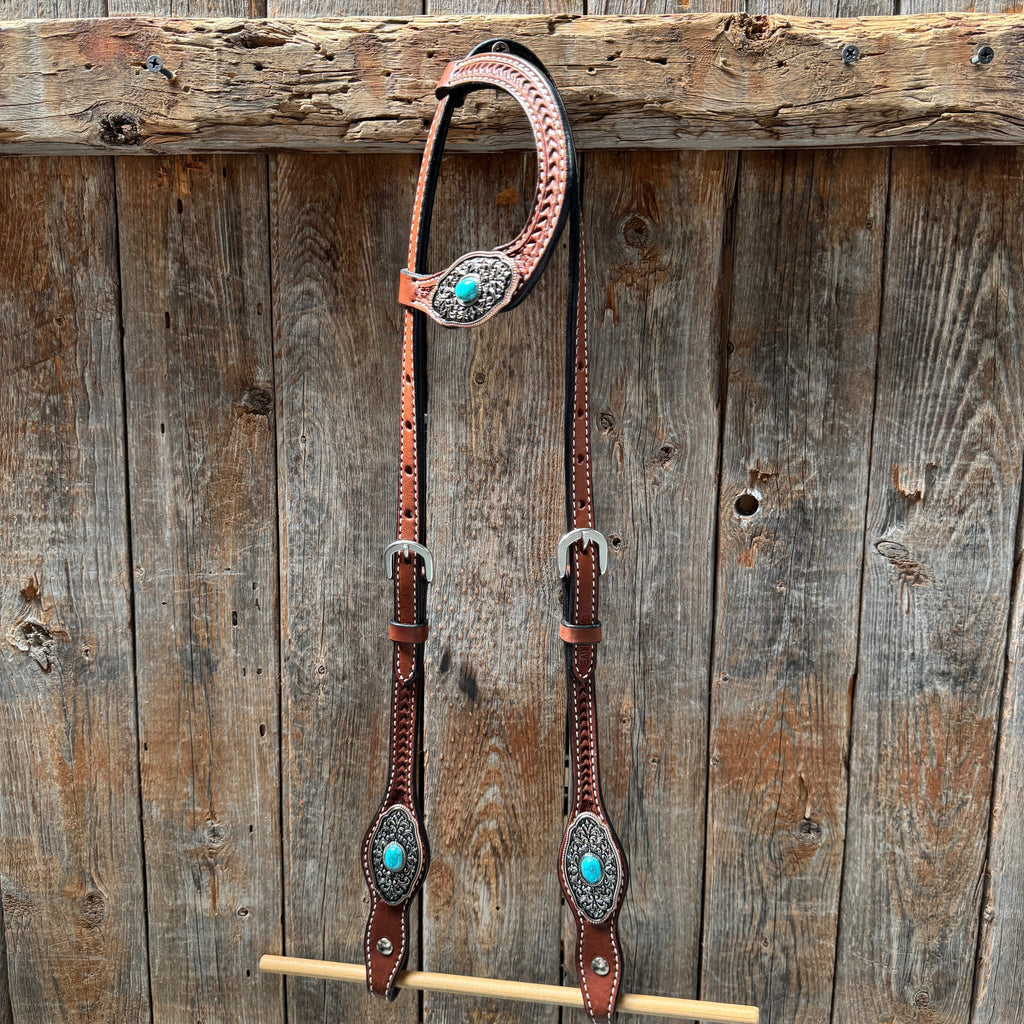 Medium Oil Basketweave Oblong Turquoise Browband | One Ear Tack Set #BBBC504 — view 4