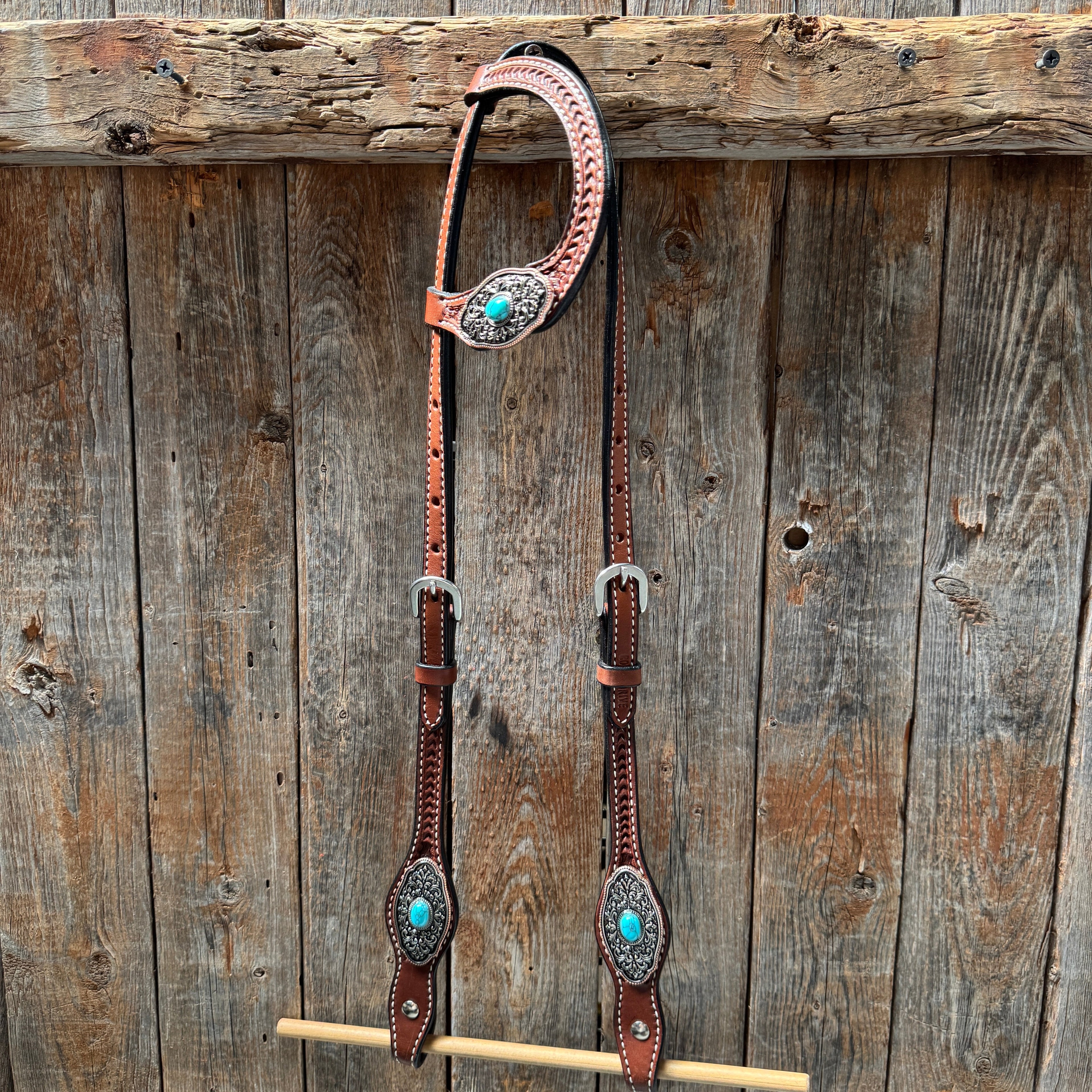 Medium Oil Basketweave Oblong Turquoise Browband | One Ear Tack Set #BBBC504 — view 4