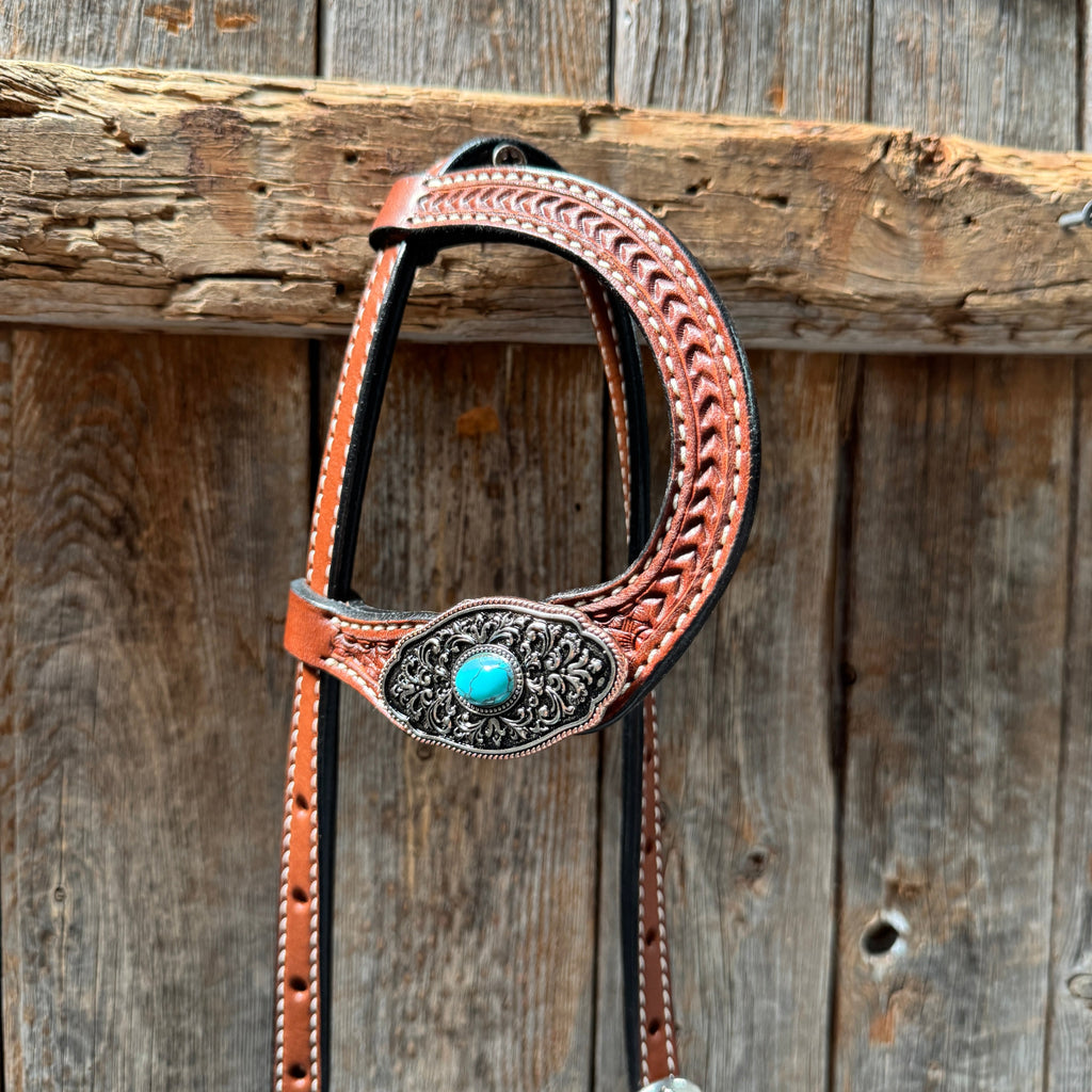 Medium Oil Basketweave Oblong Turquoise Browband | One Ear Tack Set #BBBC504 — view 7