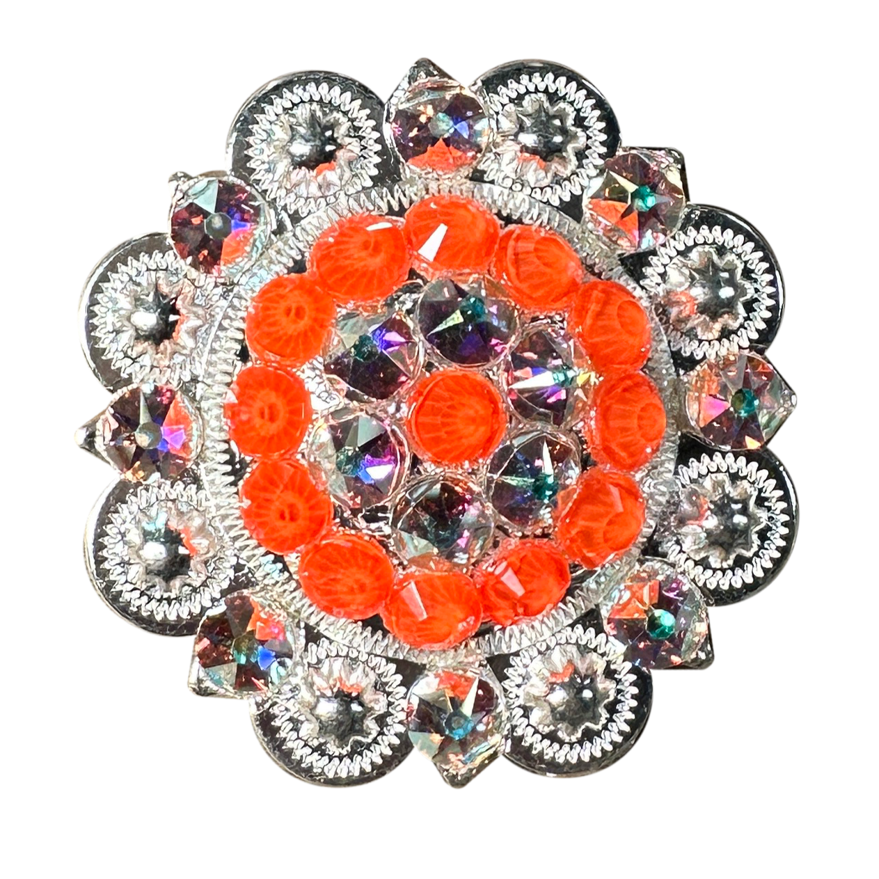 Neon Orange and AB Bright Silver 2" European Crystal Concho