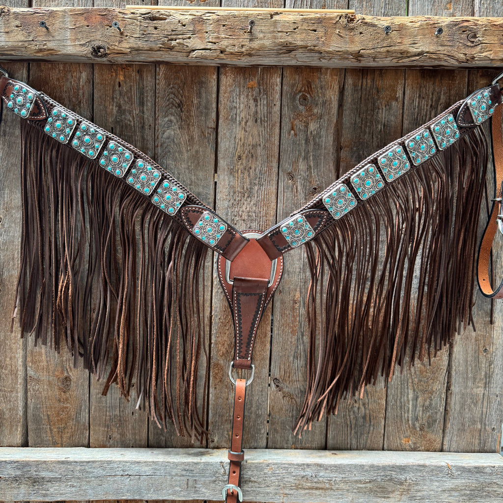 Medium Oil Braided Square Turquoise Browband | One Ear - Breast Collar Tack Set #BBBC503 — view 5