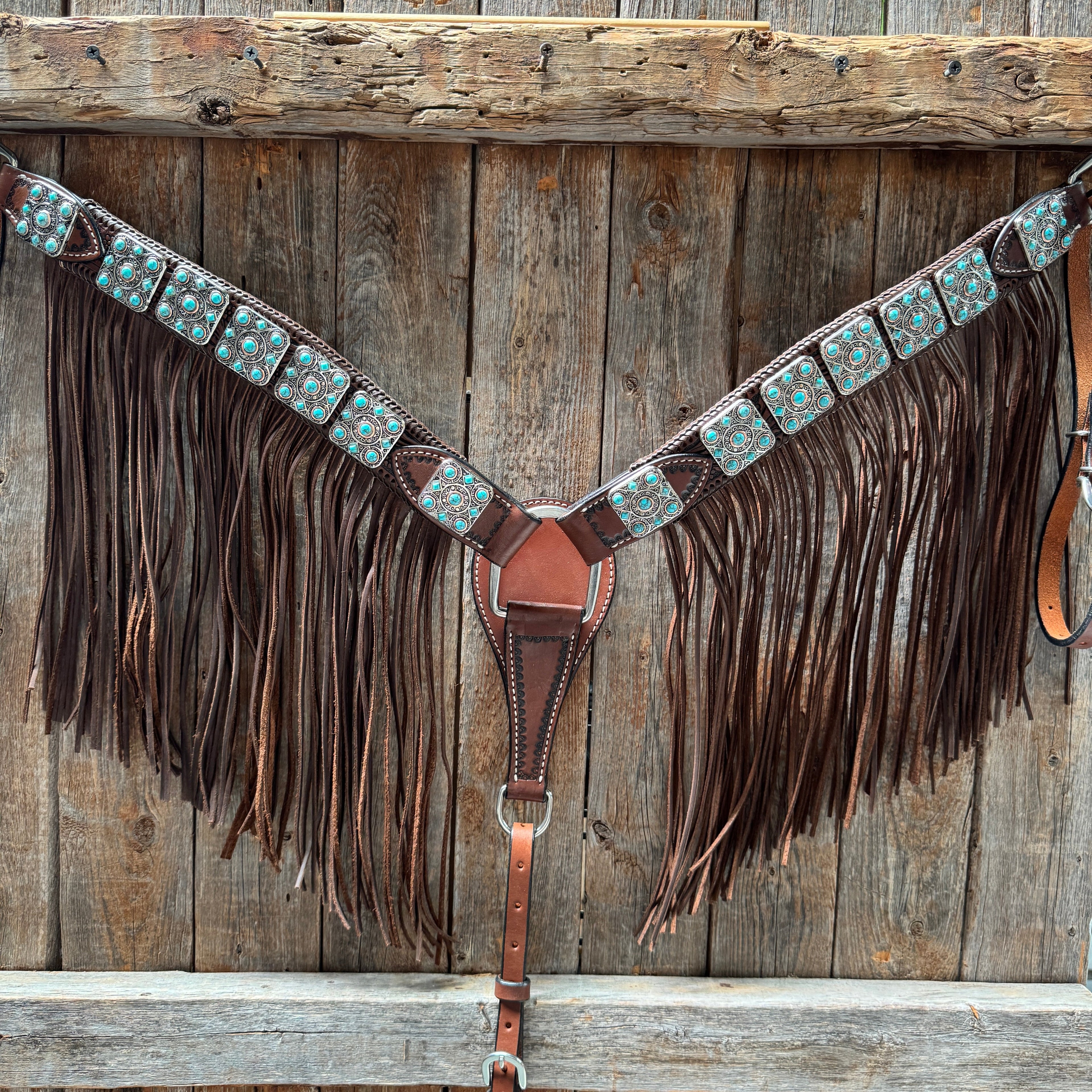 Medium Oil Braided Square Turquoise Browband | One Ear - Breast Collar Tack Set #BBBC503 — view 5