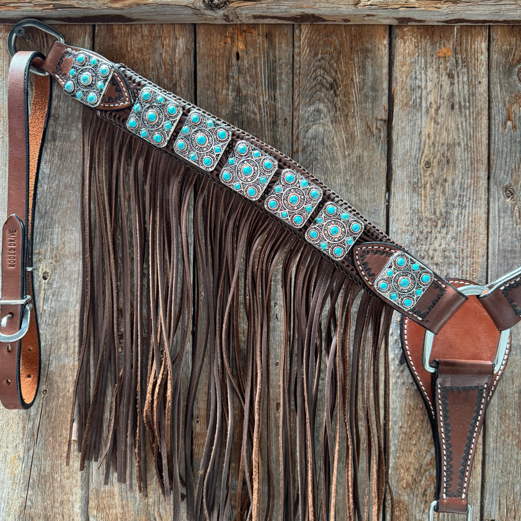 Medium Oil Braided Square Turquoise Browband | One Ear - Breast Collar Tack Set #BBBC503 — view 9