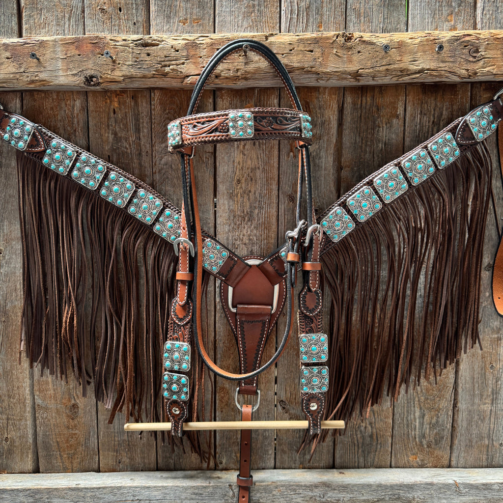 Medium Oil Braided Square Turquoise Browband | One Ear - Breast Collar Tack Set #BBBC503
