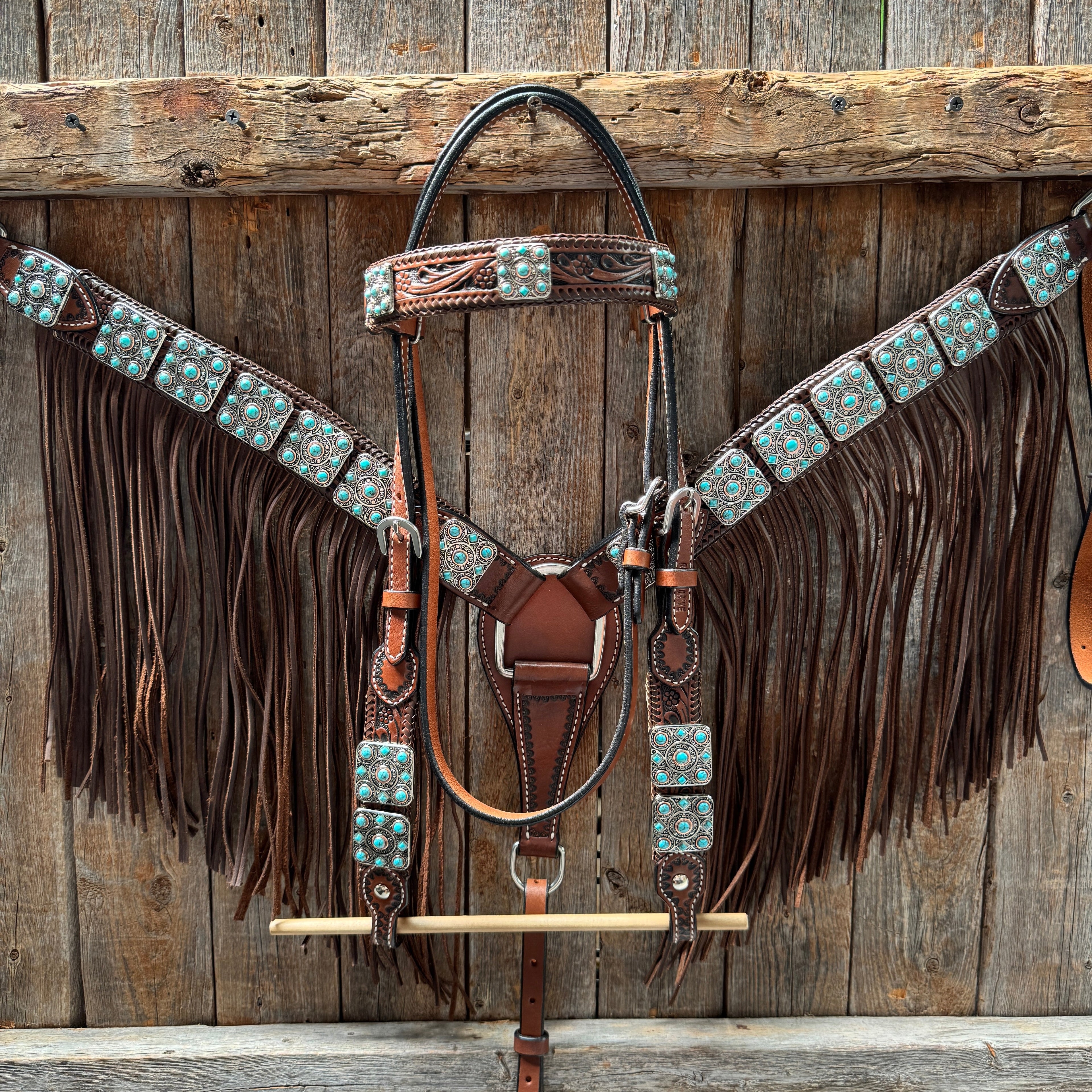 Medium Oil Braided Square Turquoise Browband | One Ear - Breast Collar Tack Set #BBBC503