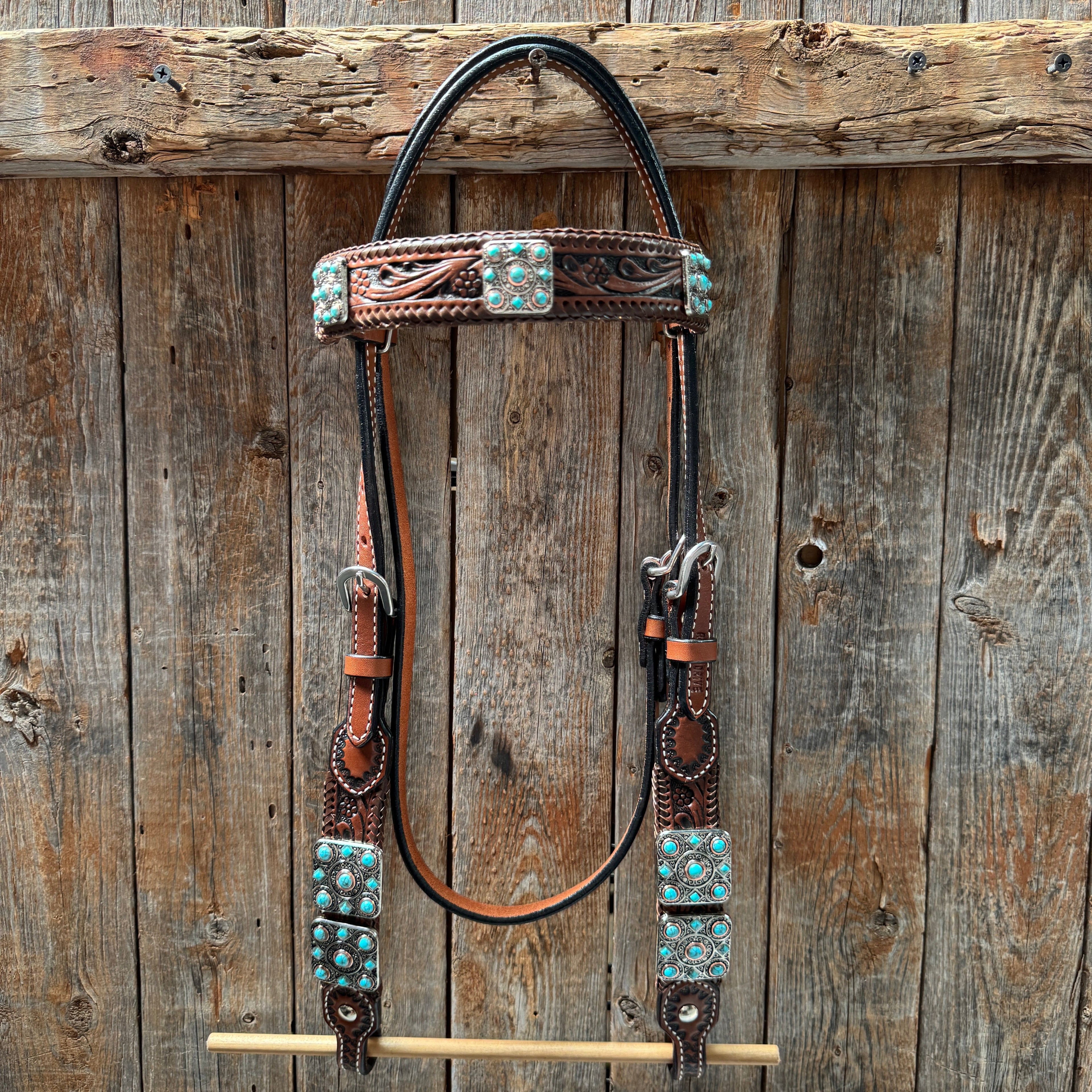 Medium Oil Braided Square Turquoise Browband | One Ear - Breast Collar Tack Set #BBBC503 — view 3