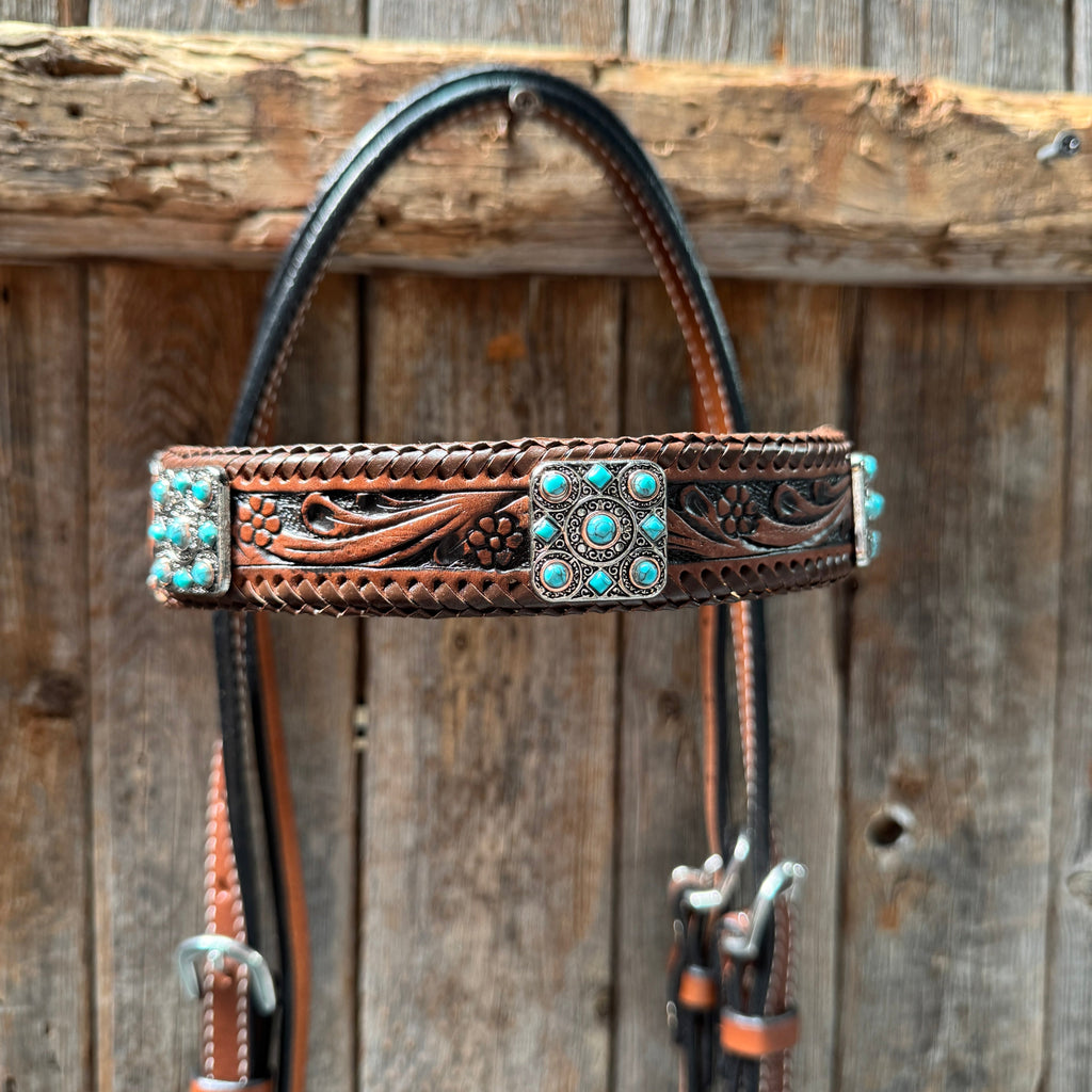 Medium Oil Braided Square Turquoise Browband | One Ear - Breast Collar Tack Set #BBBC503 — view 6