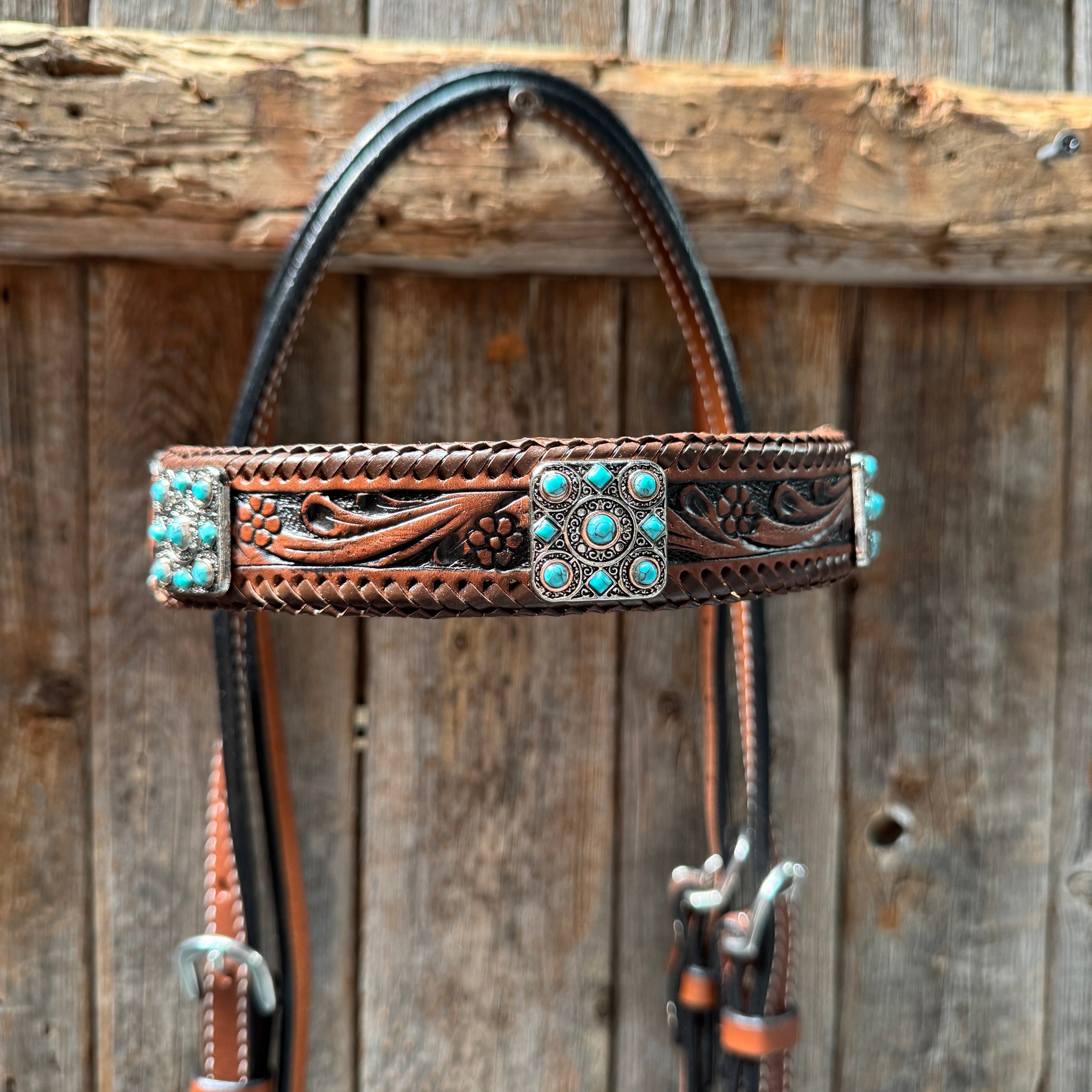 Medium Oil Braided Square Turquoise Browband | One Ear - Breast Collar Tack Set #BBBC503 — view 6