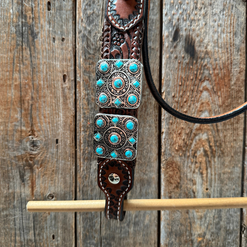 Medium Oil Braided Square Turquoise Browband | One Ear - Breast Collar Tack Set #BBBC503 — view 8