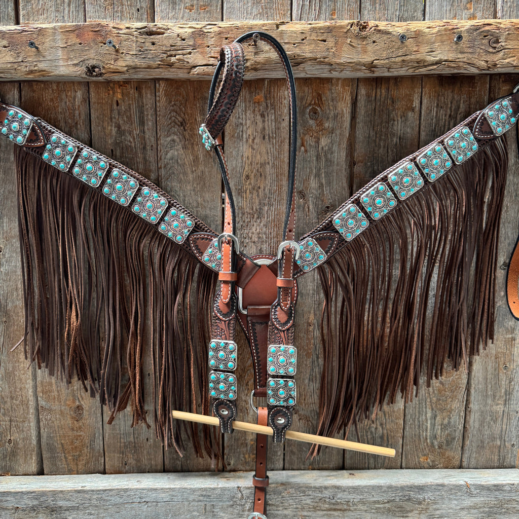 Medium Oil Braided Square Turquoise Browband | One Ear - Breast Collar Tack Set #BBBC503 — view 2