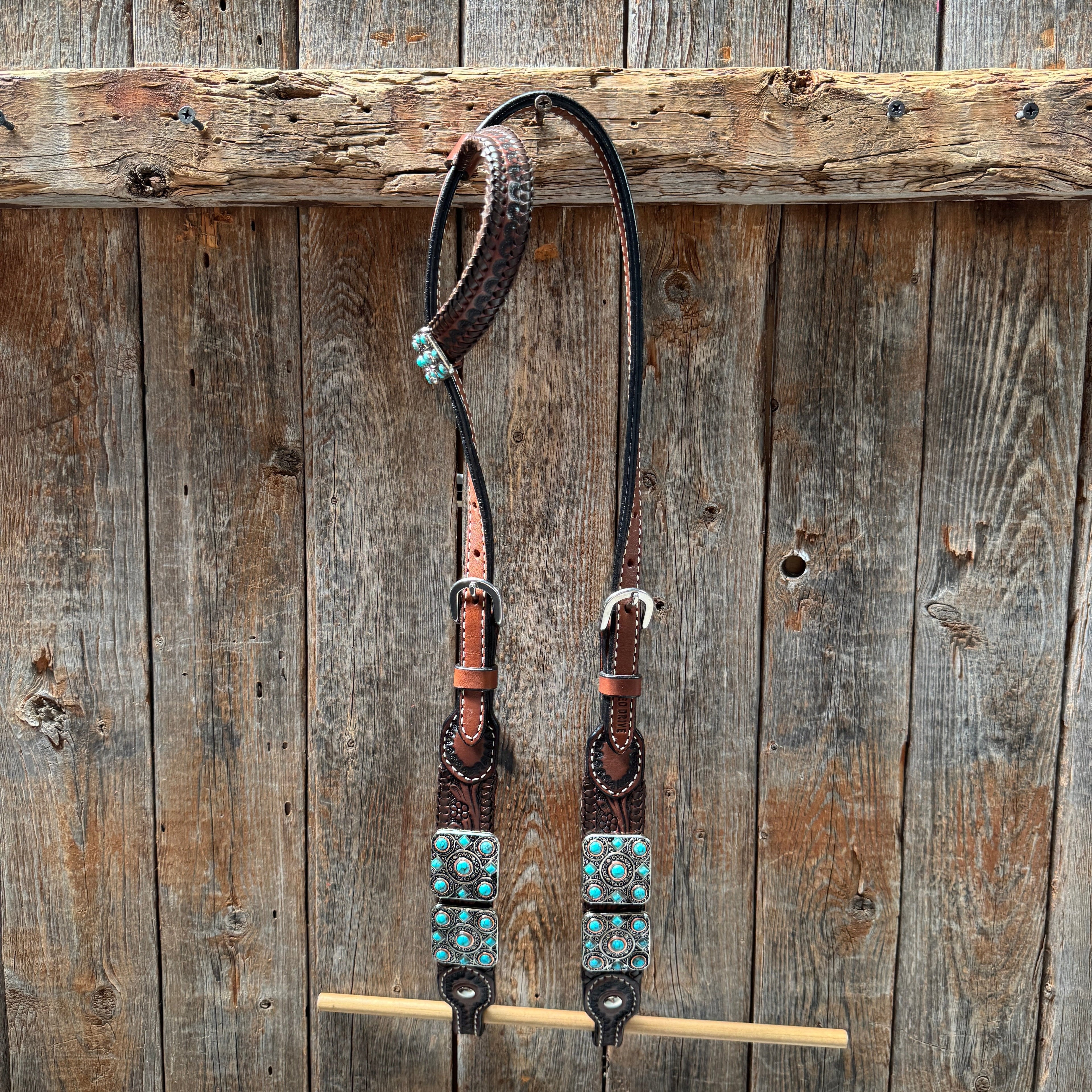 Medium Oil Braided Square Turquoise Browband | One Ear - Breast Collar Tack Set #BBBC503 — view 4