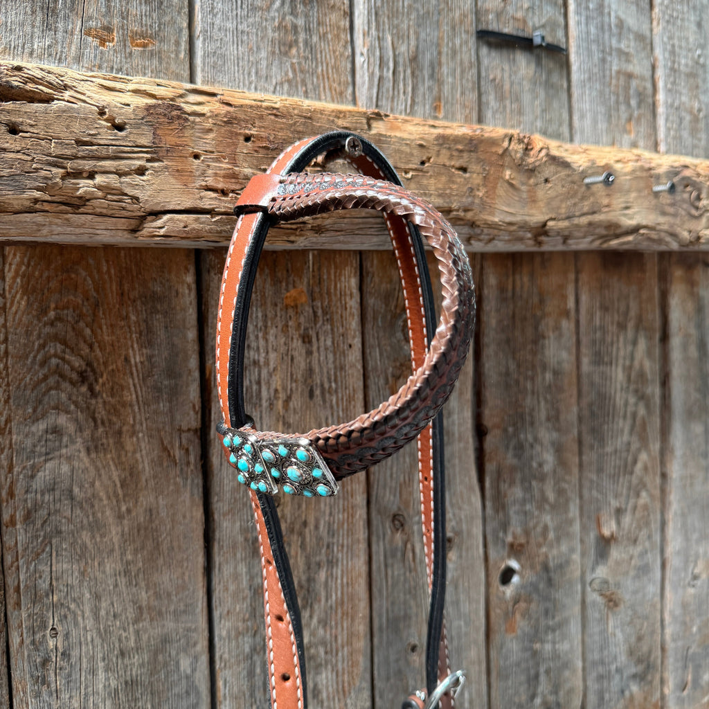 Medium Oil Braided Square Turquoise Browband | One Ear - Breast Collar Tack Set #BBBC503 — view 7