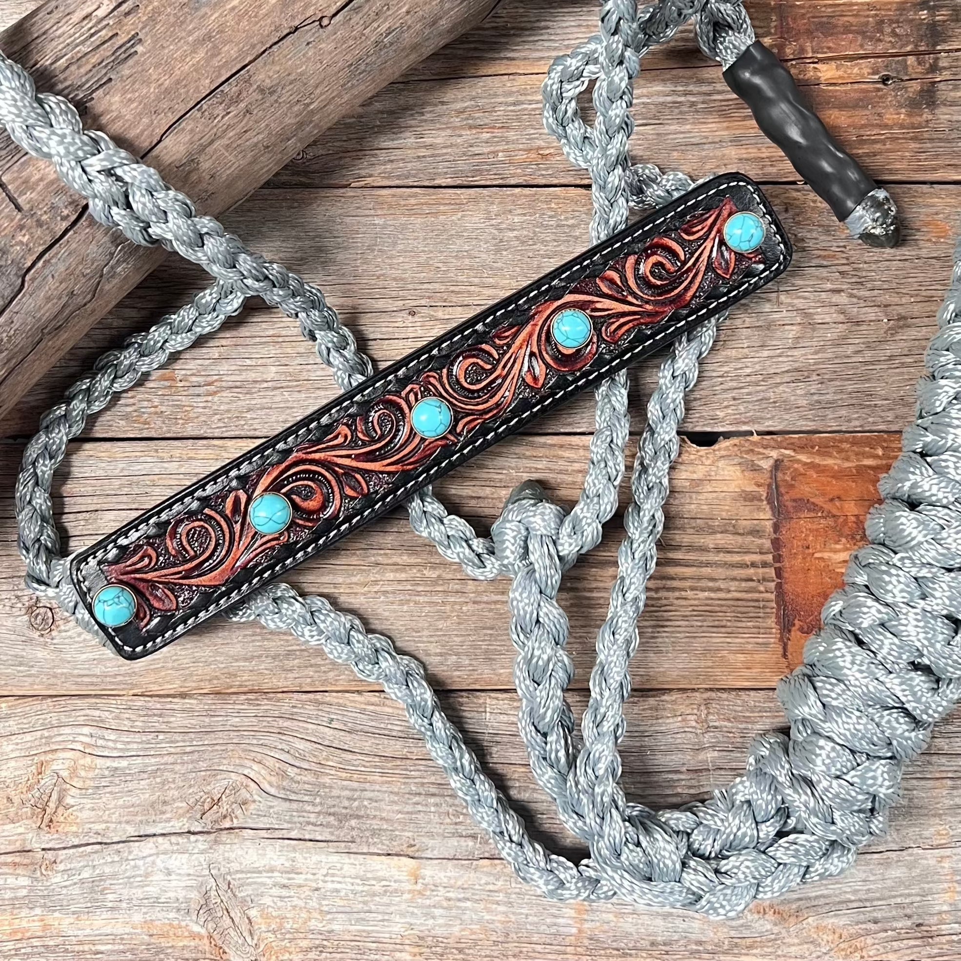 Grey Mule Tape Halter -Turquoise Cabochon #MT232 — view 3