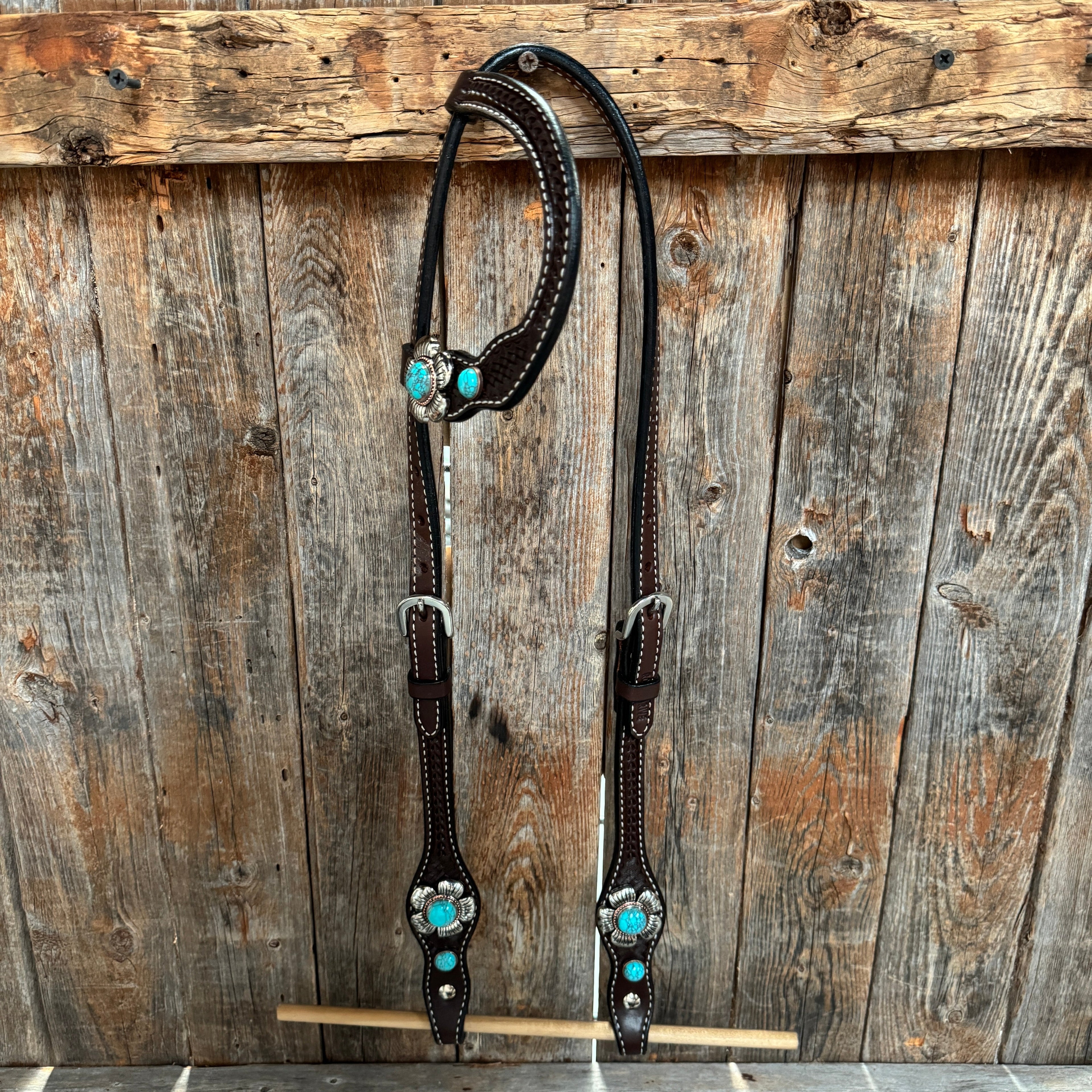 Dark Oil Basketweave Turquoise Flower Browband | One Ear Tack Set #BBBC510 — view 4