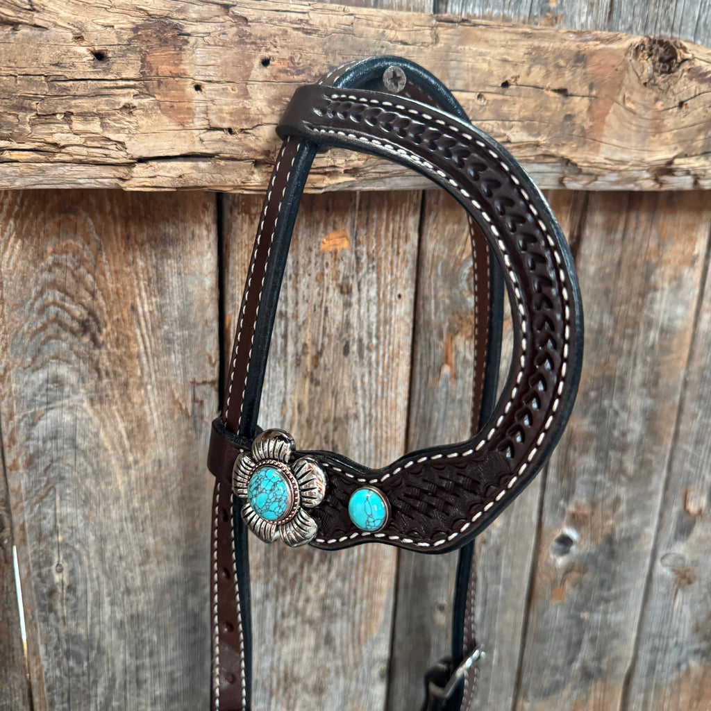 Dark Oil Basketweave Turquoise Flower Browband | One Ear Tack Set #BBBC510 — view 7