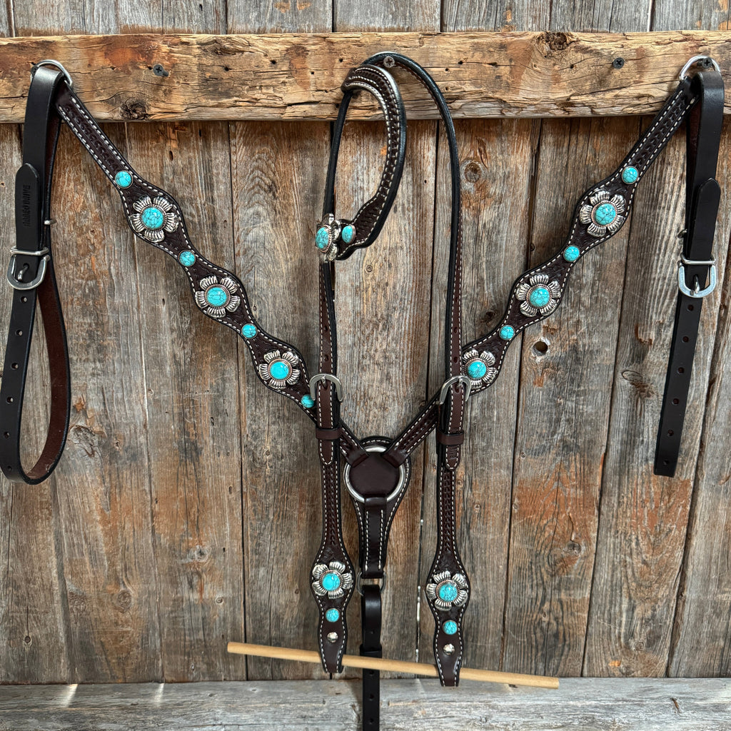 Dark Oil Basketweave Turquoise Flower Browband | One Ear Tack Set #BBBC510 — view 2