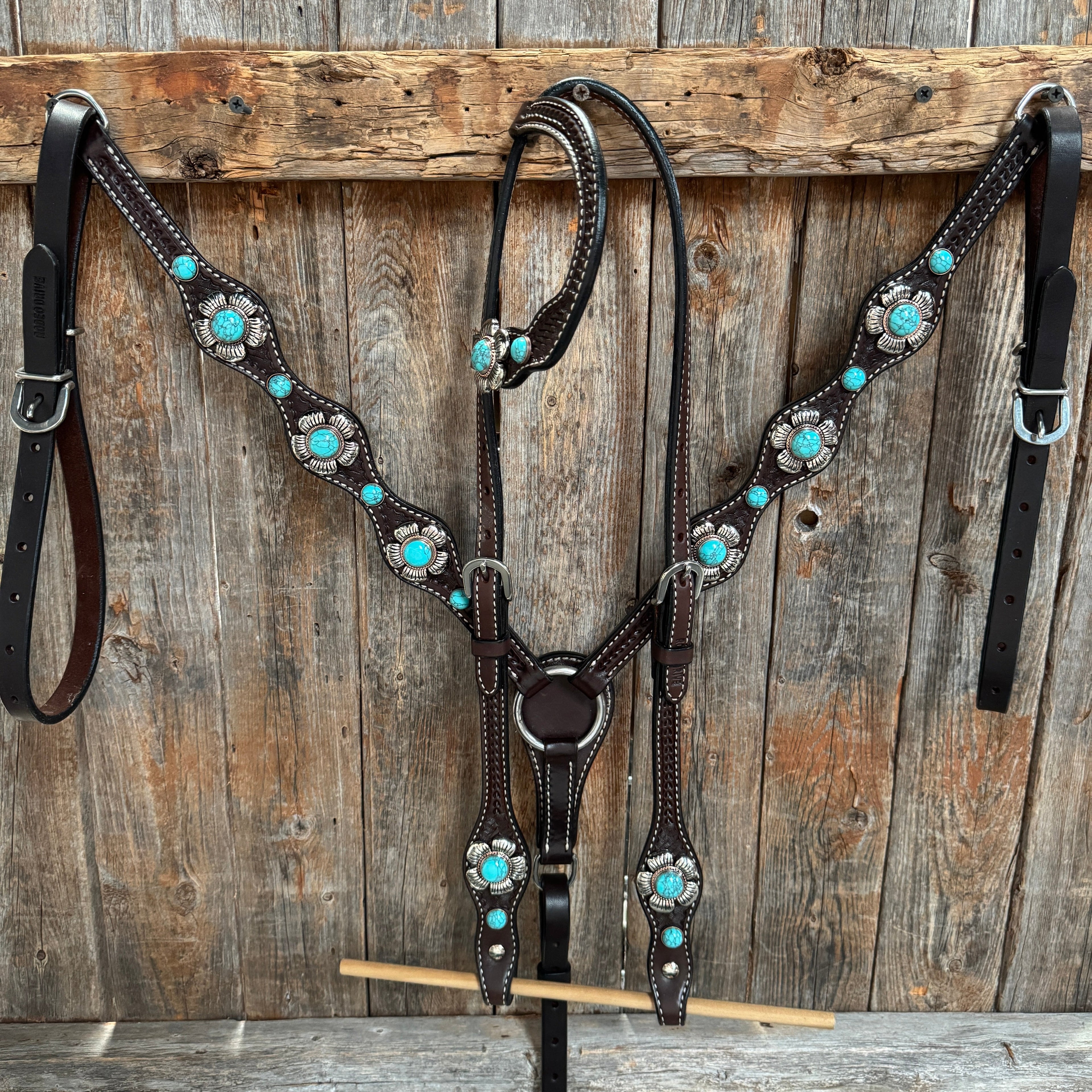 Dark Oil Basketweave Turquoise Flower Browband | One Ear Tack Set #BBBC510 — view 2