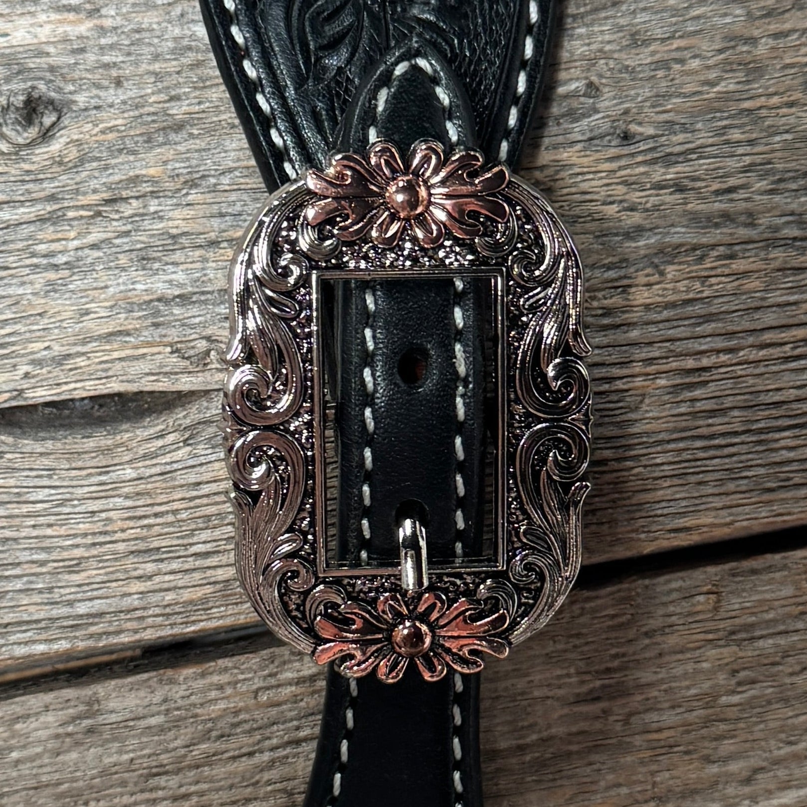 Black Floral Spur Straps | Antique Silver and Copper Hearts #SS144 — view 3