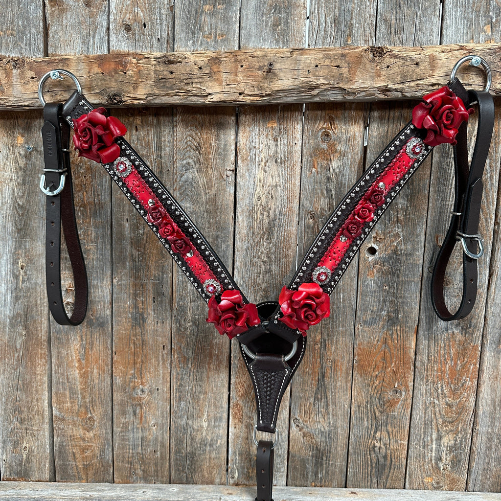 Dark Oil Silver Dot Red Roses Browband/Breastcollar Tack Set #BBBC570 — view 2