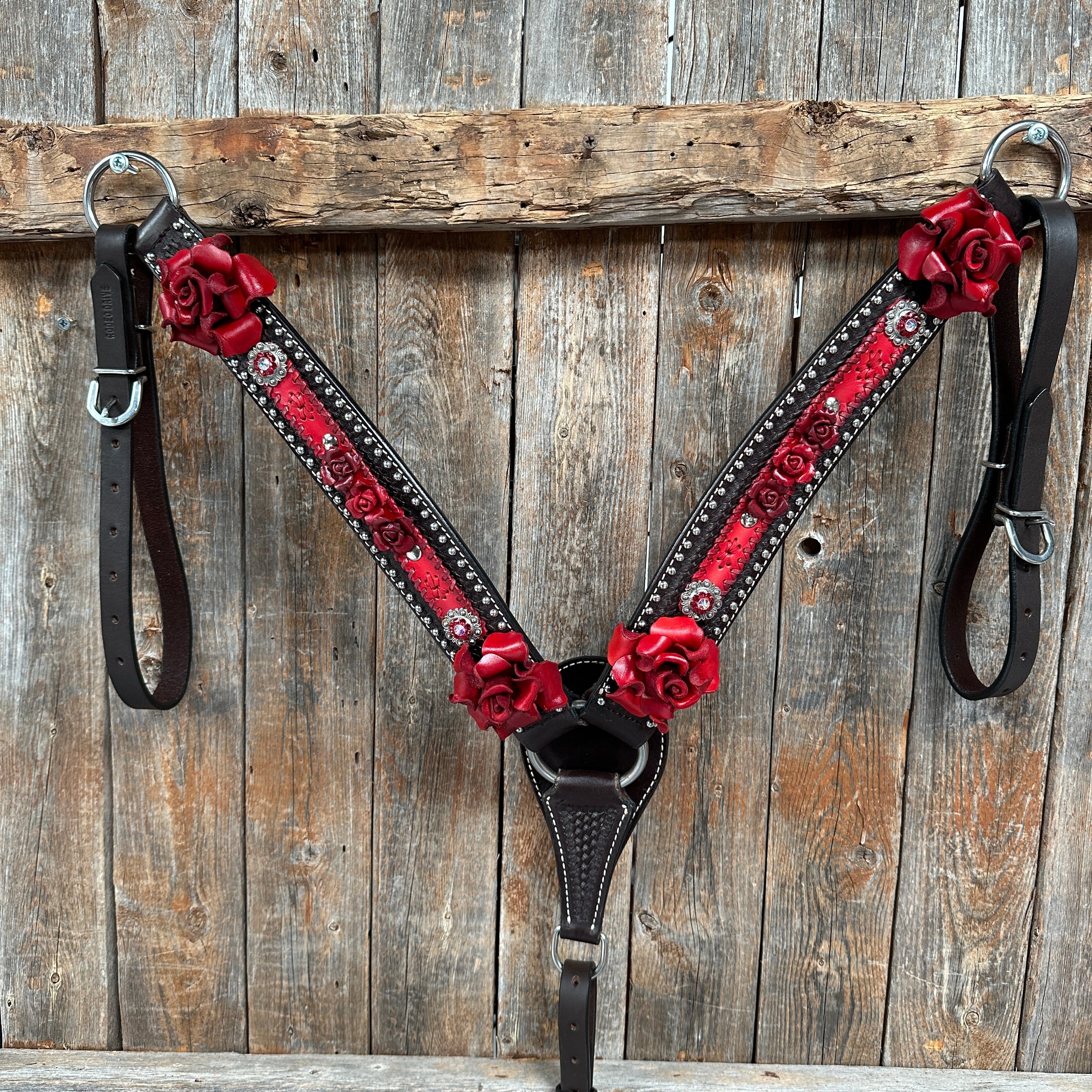 Dark Oil Silver Dot Red Roses Browband/Breastcollar Tack Set #BBBC570 — view 2