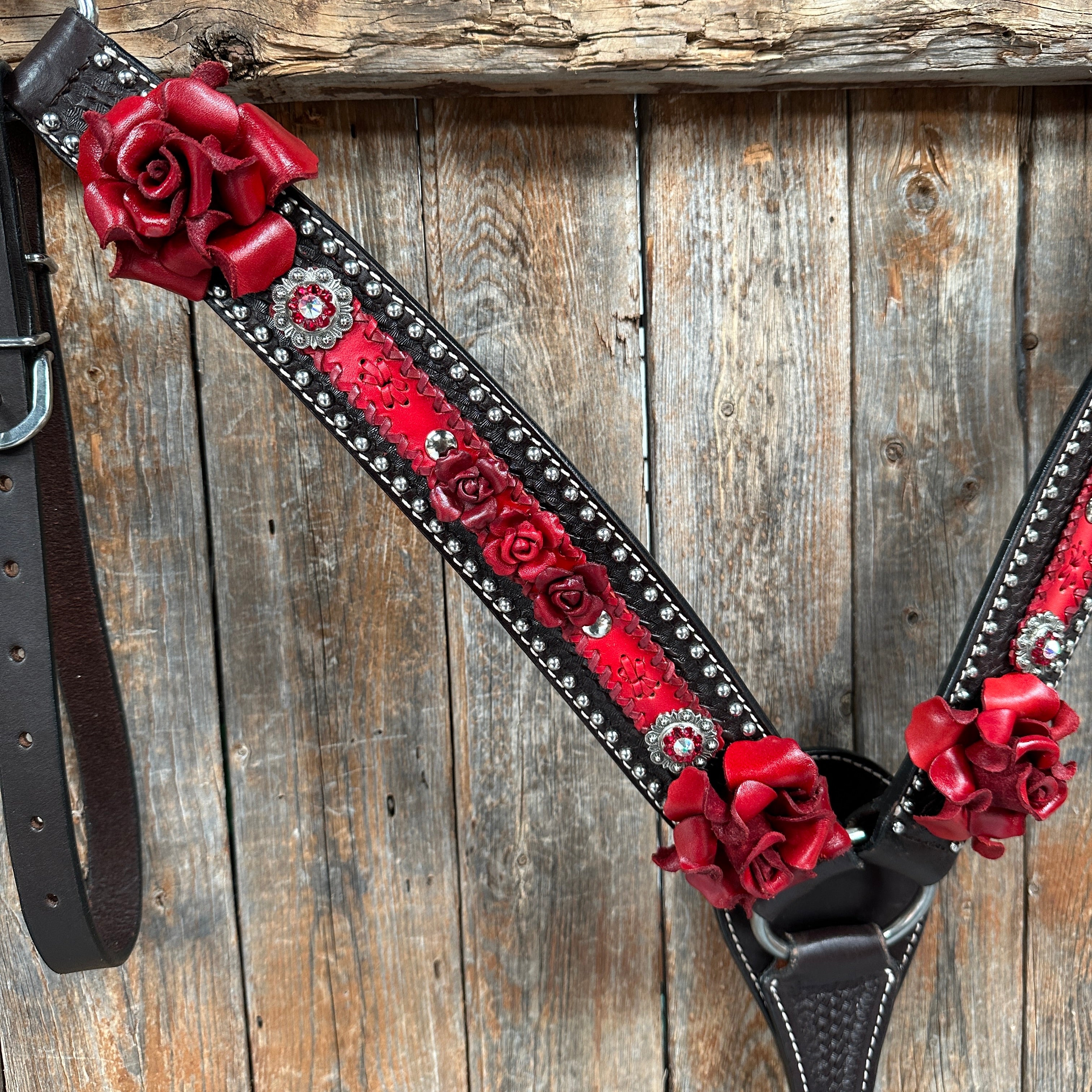 Dark Oil Silver Dot Red Roses Browband/Breastcollar Tack Set #BBBC570 — view 3