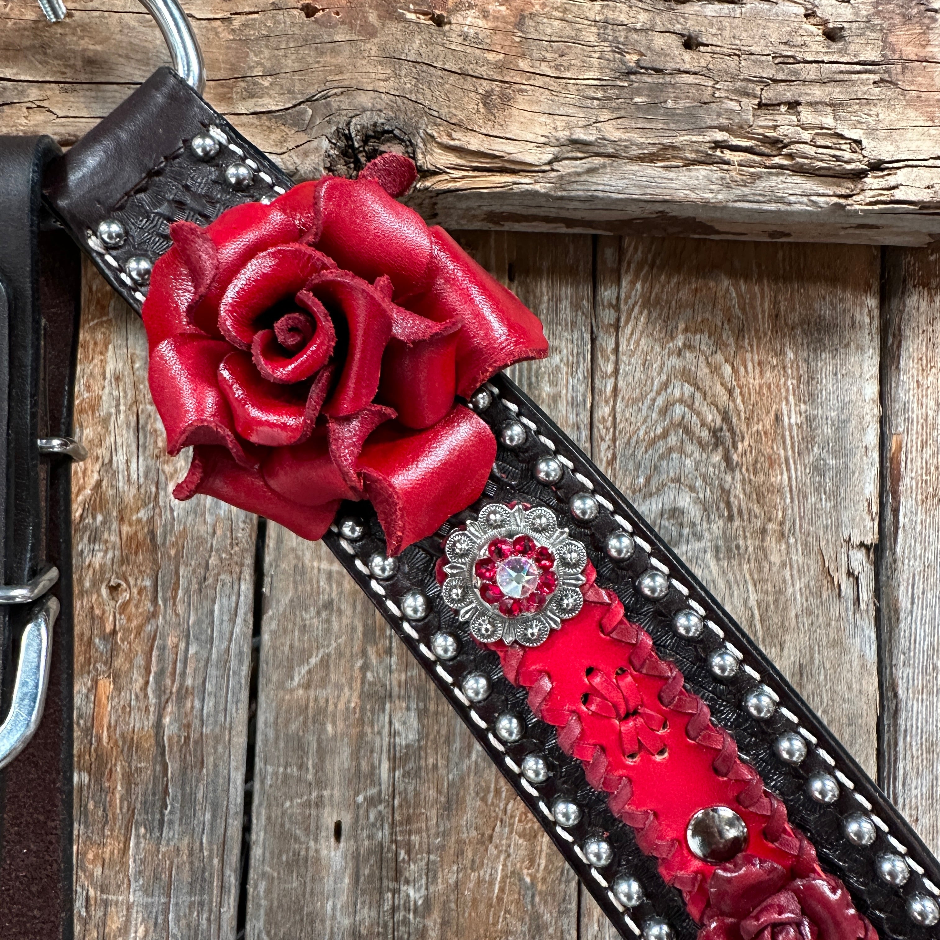 Dark Oil Silver Dot Red Roses Browband/Breastcollar Tack Set #BBBC570 — view 4