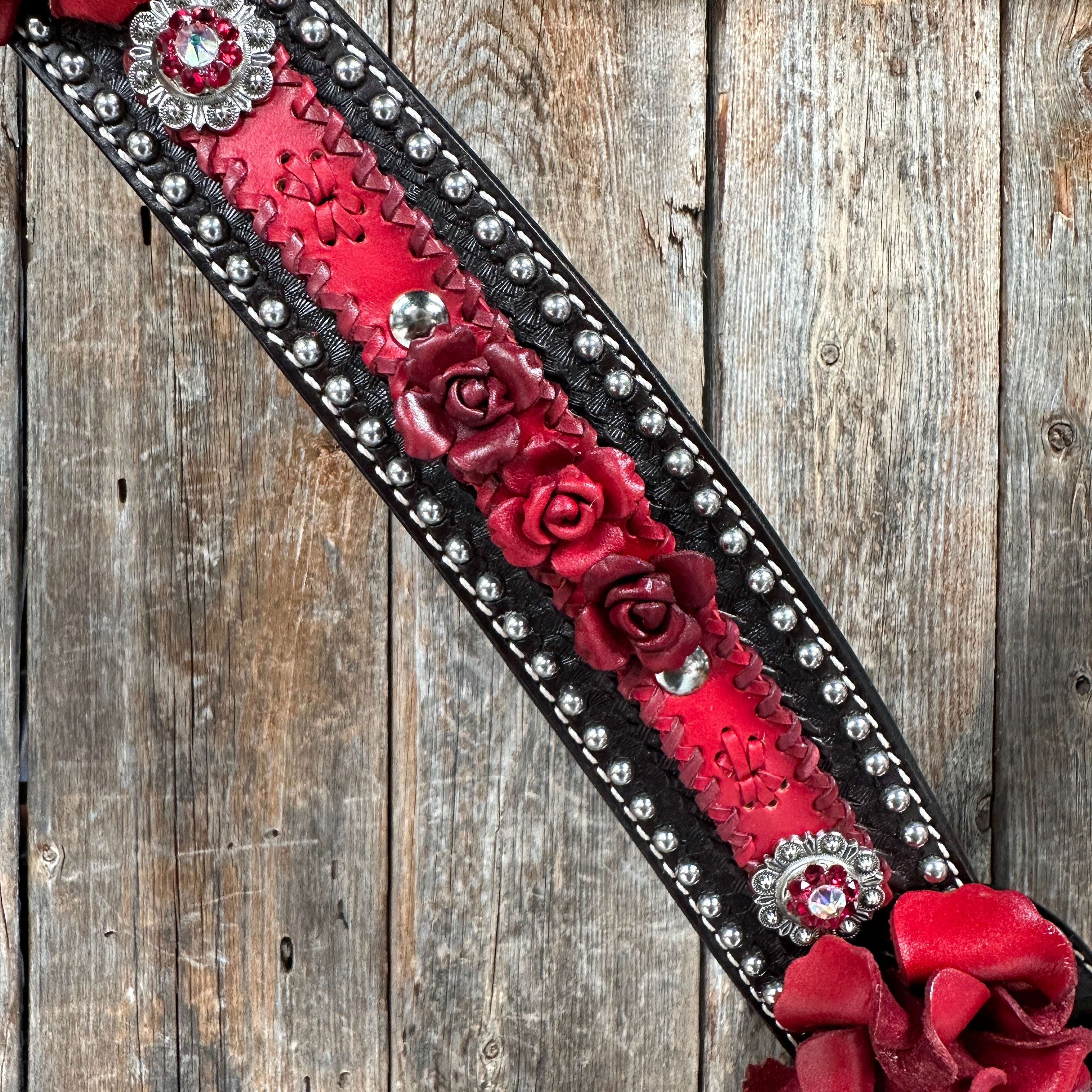 Dark Oil Silver Dot Red Roses Browband/Breastcollar Tack Set #BBBC570 — view 5