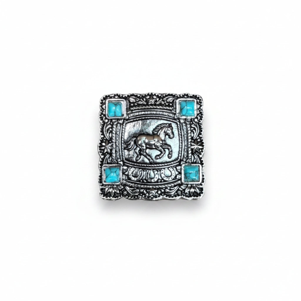 Antique Silver Horse and Turquoise Square Concho W259 — view 2