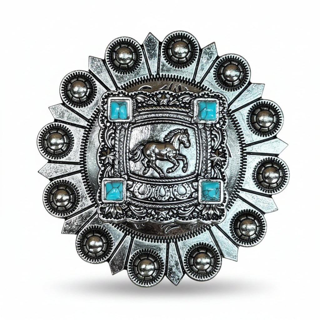 Antique Silver Horse and Turquoise Square Concho W259 — view 3