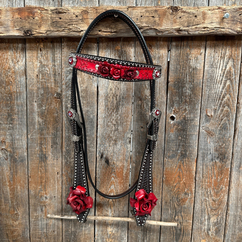 Dark Oil Silver Dot Red Roses Browband/Breastcollar Tack Set #BBBC570 — view 6