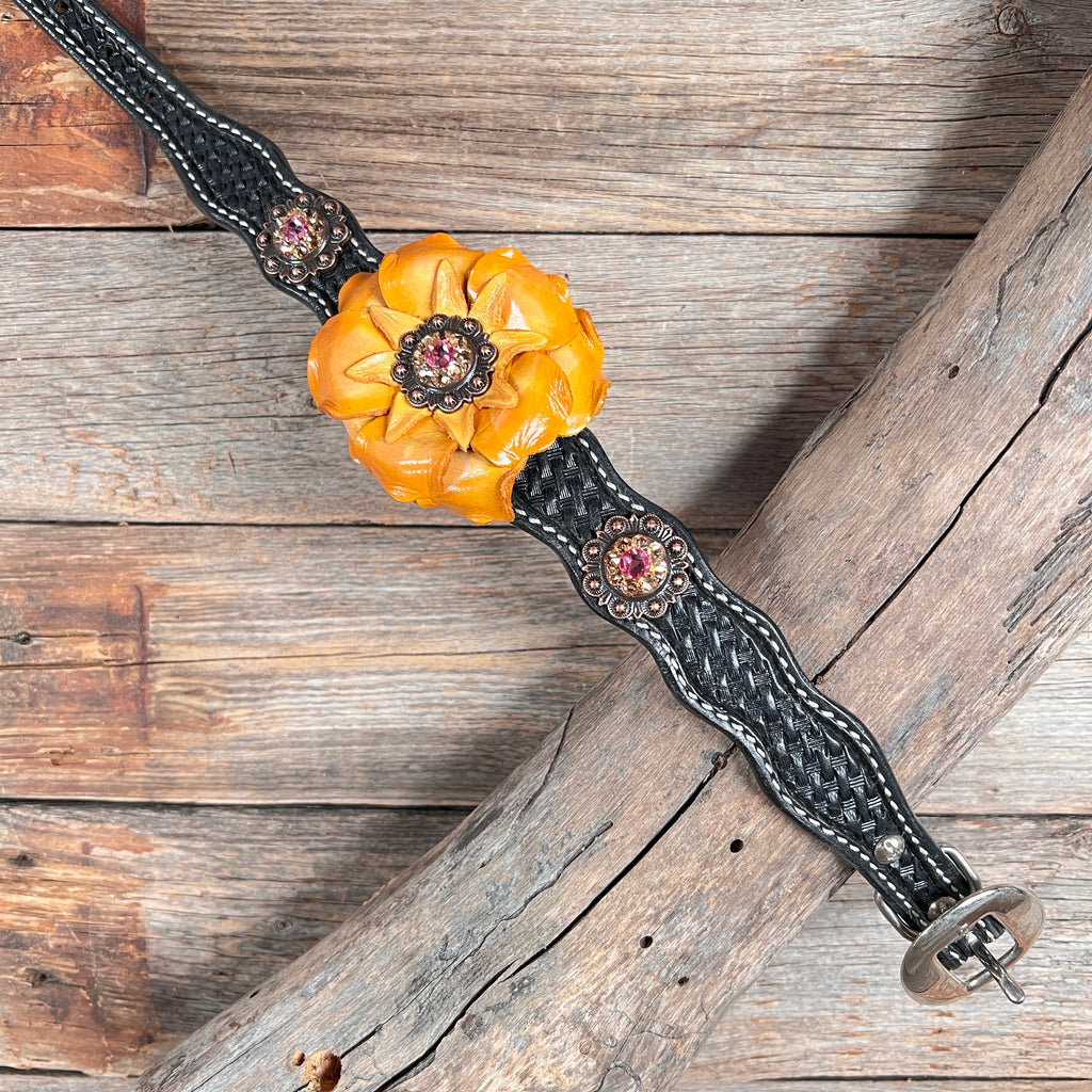 DC20 - Black Genuine Leather Dog Collar With Yellow Flower & Copper Conchos 10"- 22" — view 3