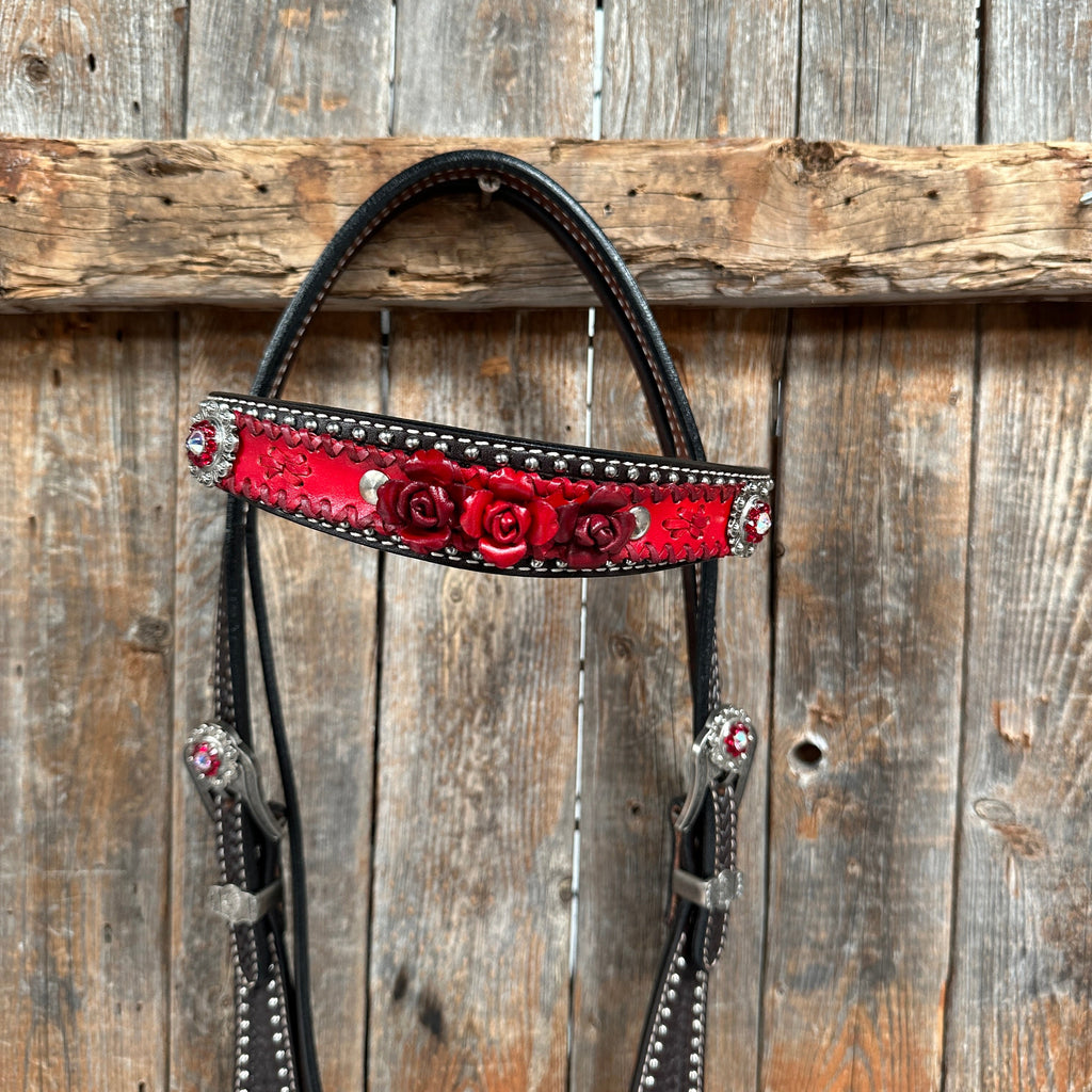 Dark Oil Silver Dot Red Roses Browband/Breastcollar Tack Set #BBBC570 — view 7