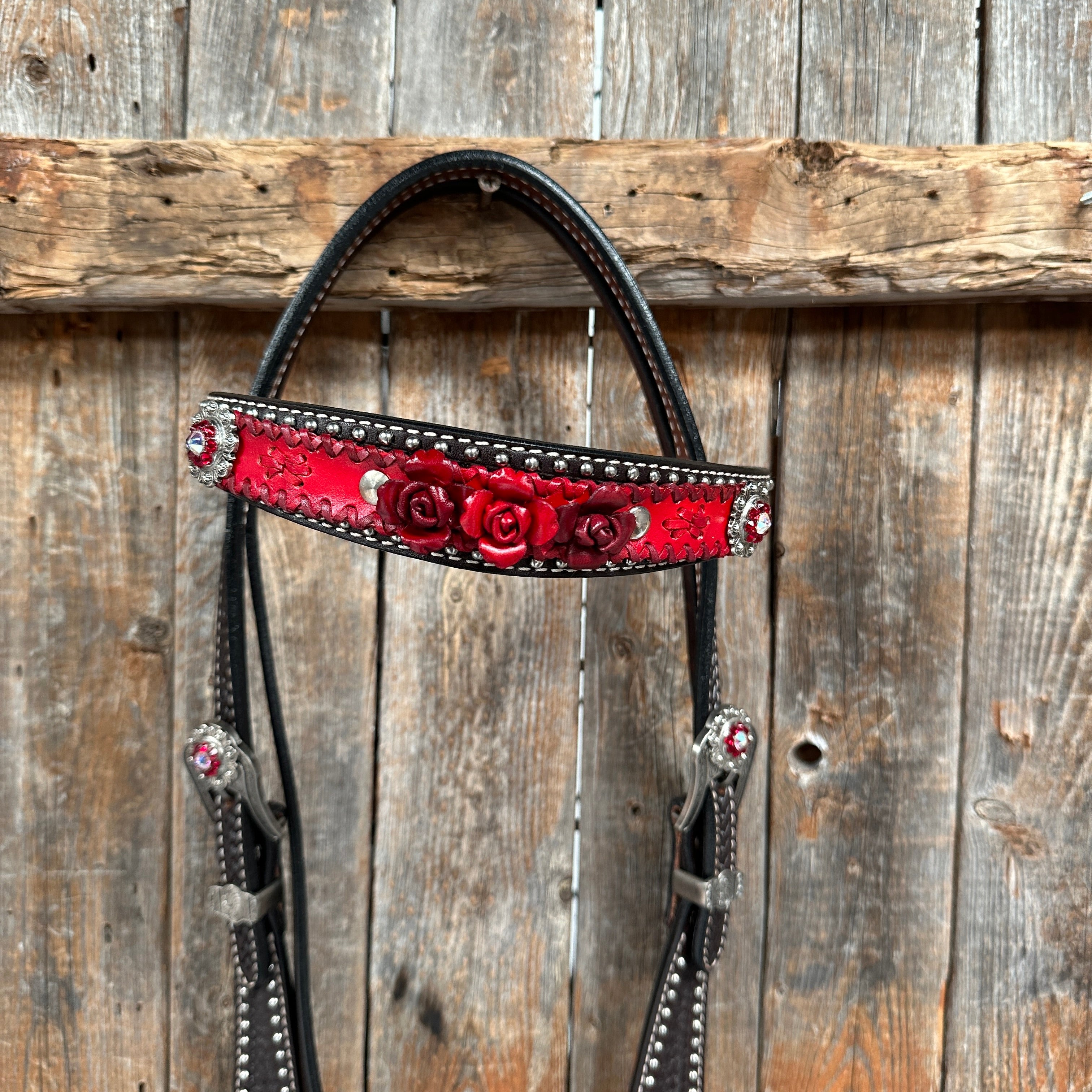 Dark Oil Silver Dot Red Roses Browband/Breastcollar Tack Set #BBBC570 — view 7