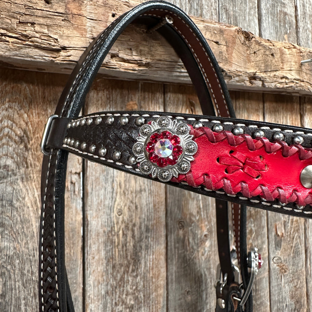 Dark Oil Silver Dot Red Roses Browband/Breastcollar Tack Set #BBBC570 — view 8