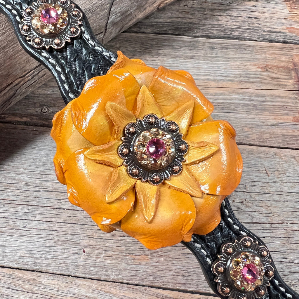 DC20 - Black Genuine Leather Dog Collar With Yellow Flower & Copper Conchos 10"- 22" — view 2