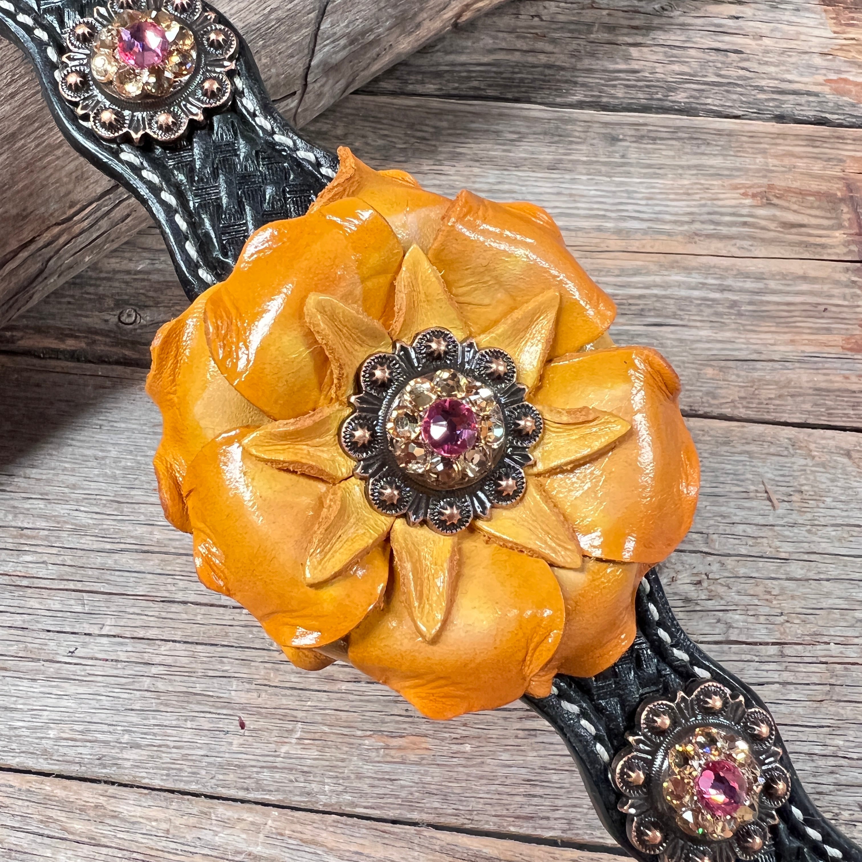 DC20 - Black Genuine Leather Dog Collar With Yellow Flower & Copper Conchos 10"- 22" — view 2