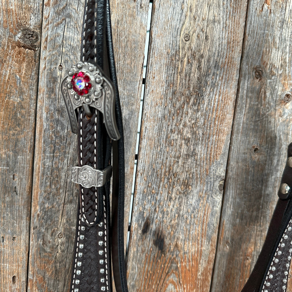 Dark Oil Silver Dot Red Roses Browband/Breastcollar Tack Set #BBBC570 — view 9