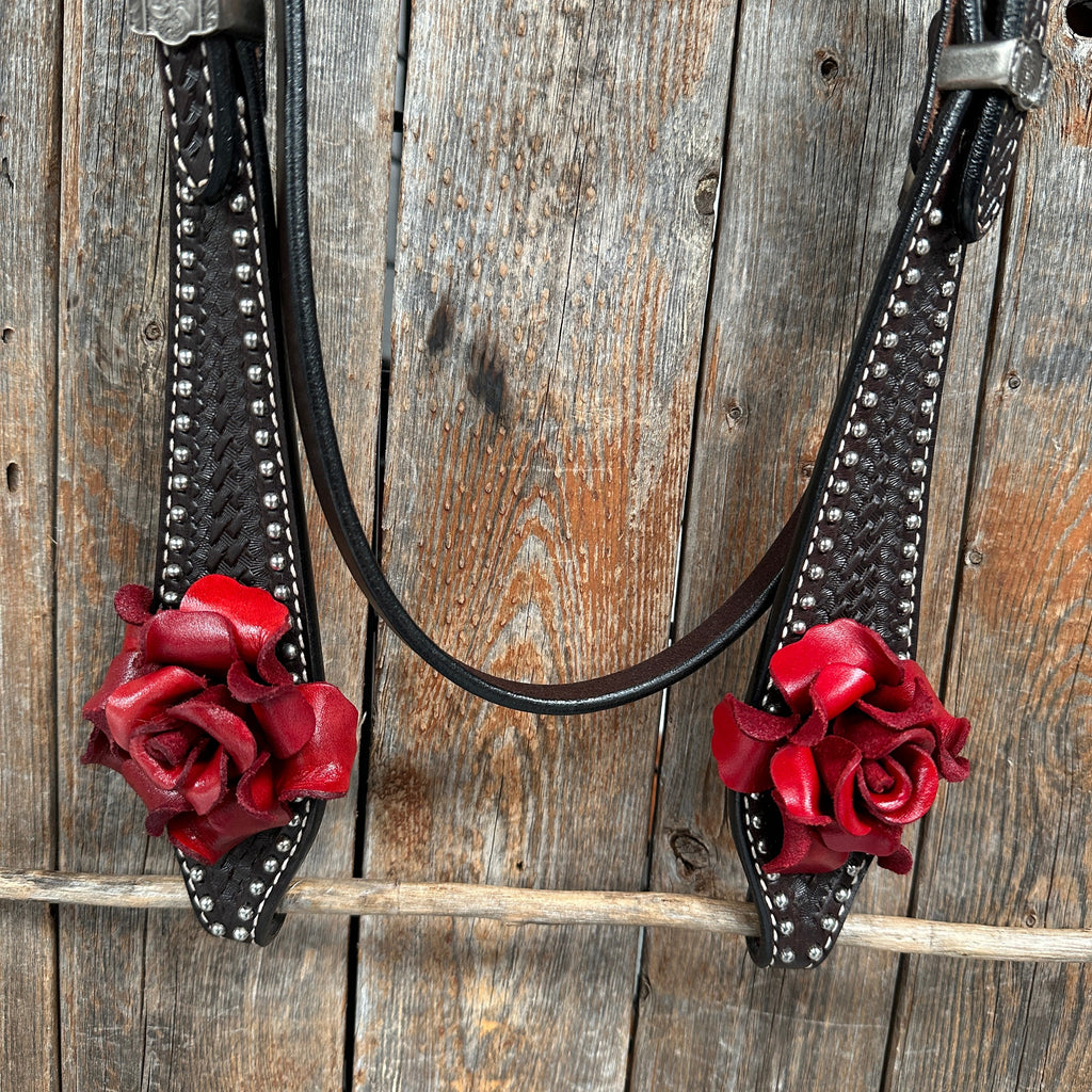 Dark Oil Silver Dot Red Roses Browband/Breastcollar Tack Set #BBBC570 — view 10