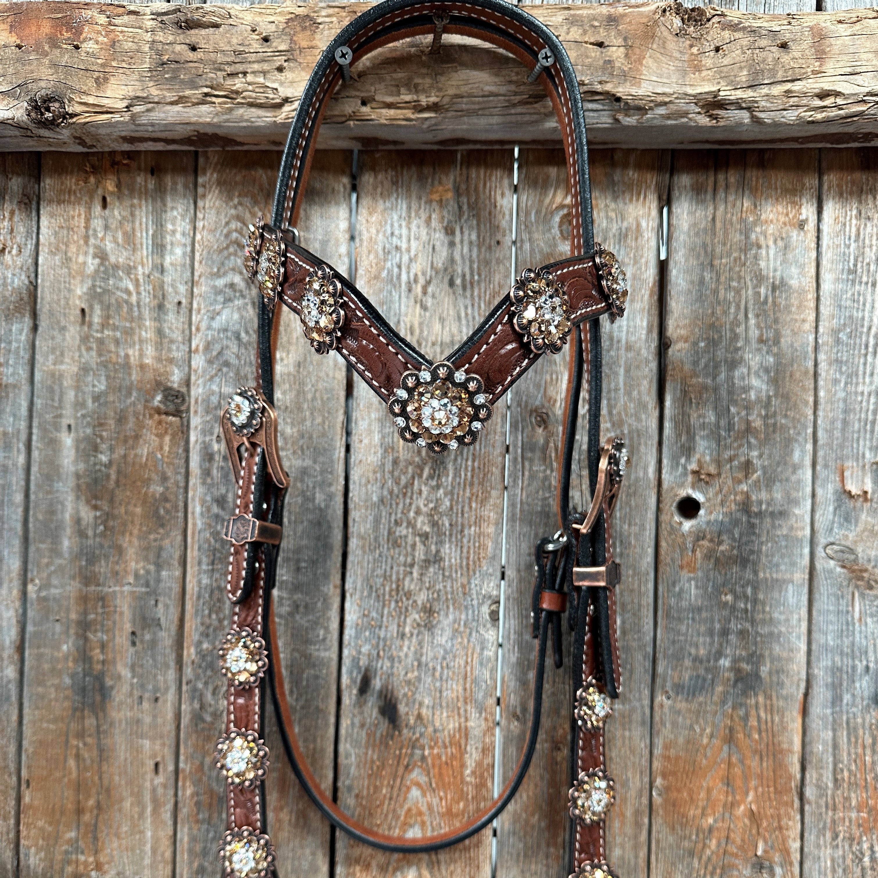Medium Floral Champagne & Clear Browband / Breastcollar Tack Set #BBBC573 — view 5