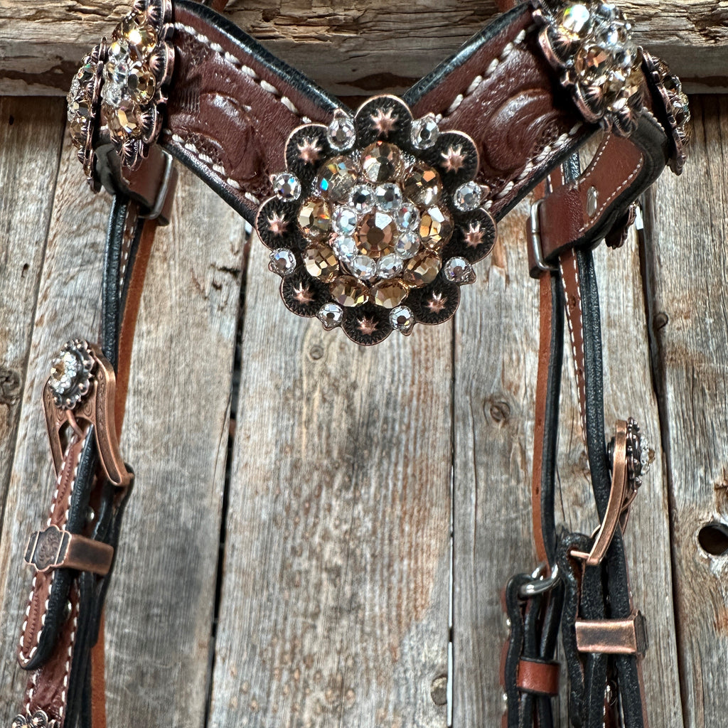 Medium Floral Champagne & Clear Browband / Breastcollar Tack Set #BBBC573 — view 6