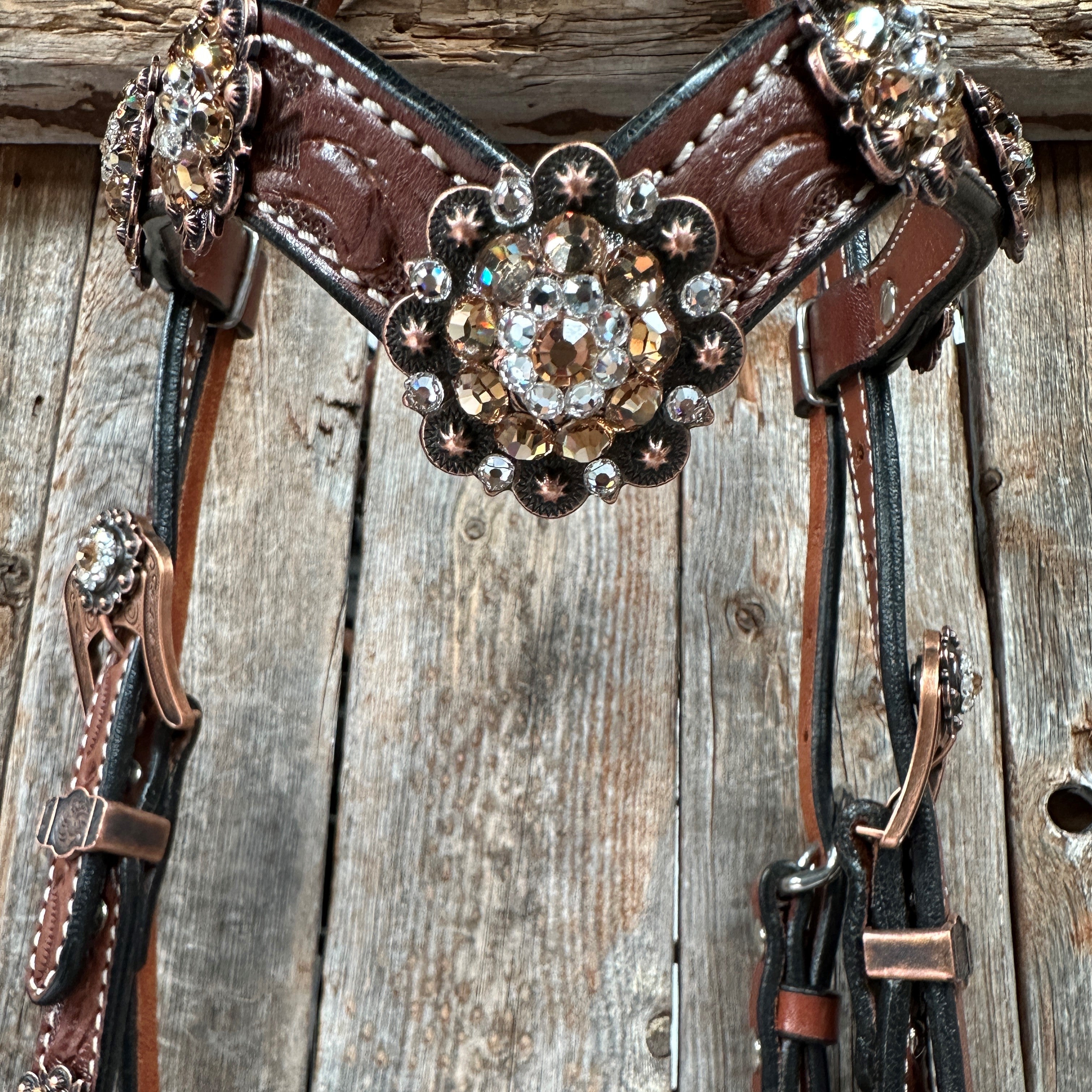 Medium Floral Champagne & Clear Browband / Breastcollar Tack Set #BBBC573 — view 6