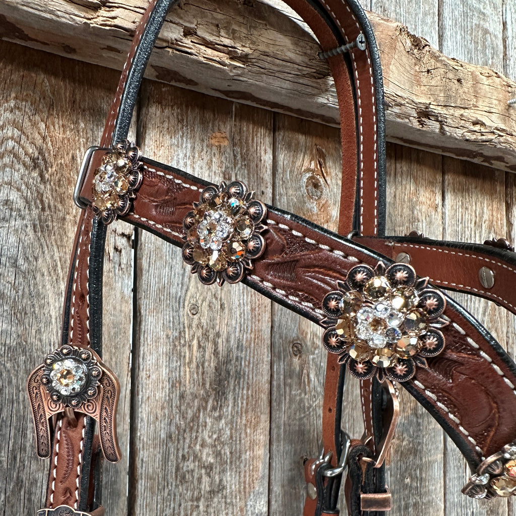 Medium Floral Champagne & Clear Browband / Breastcollar Tack Set #BBBC573 — view 7