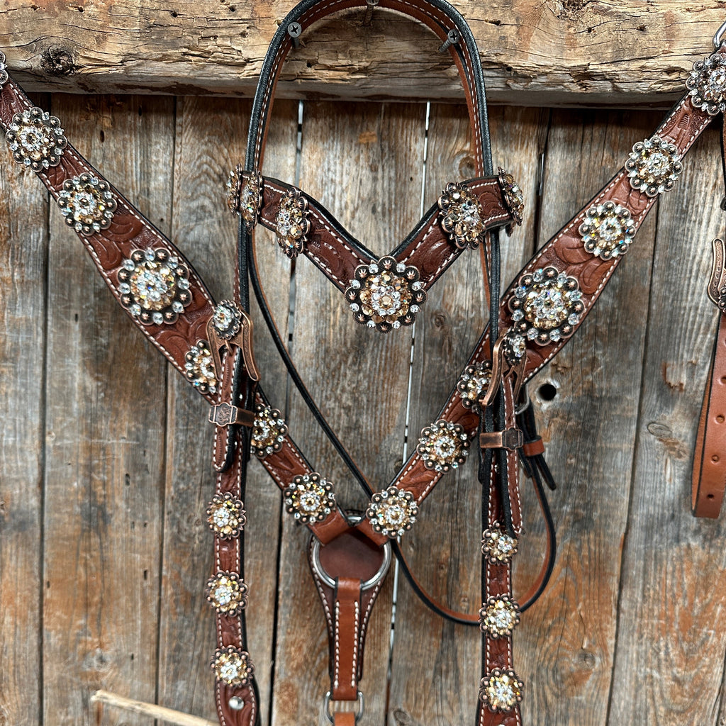 Medium Floral Champagne & Clear Browband / Breastcollar Tack Set #BBBC573