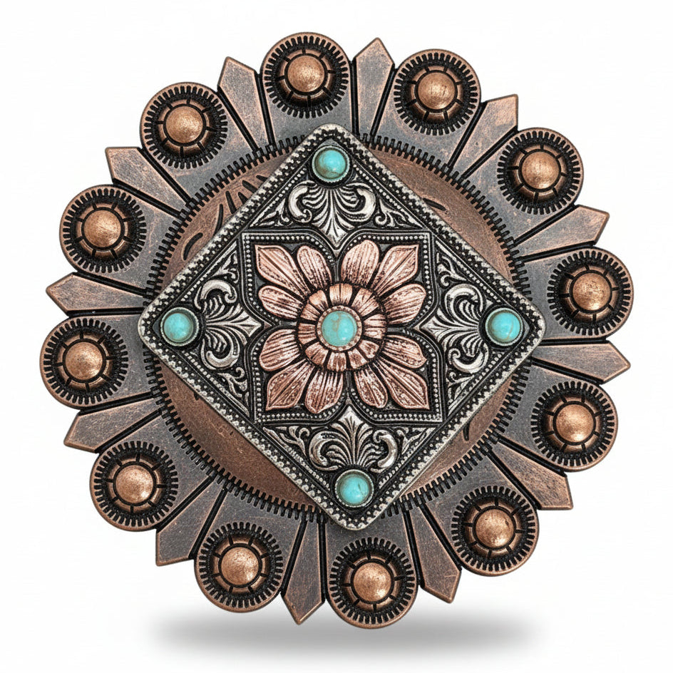 Antique Silver and Copper Square Floral Concho #W265 — view 3