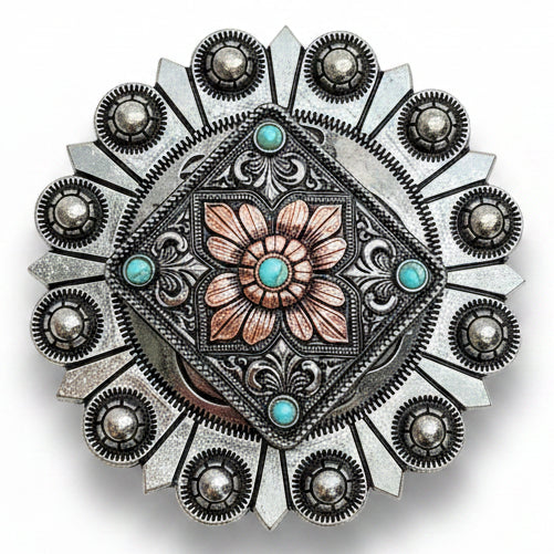 Antique Silver and Copper Square Floral Concho #W265 — view 4