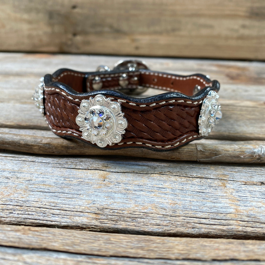 Genuine Leather Dog Collar or Leash With Bright Silver Clear Conchos 10" to 22" DC1 — view 4