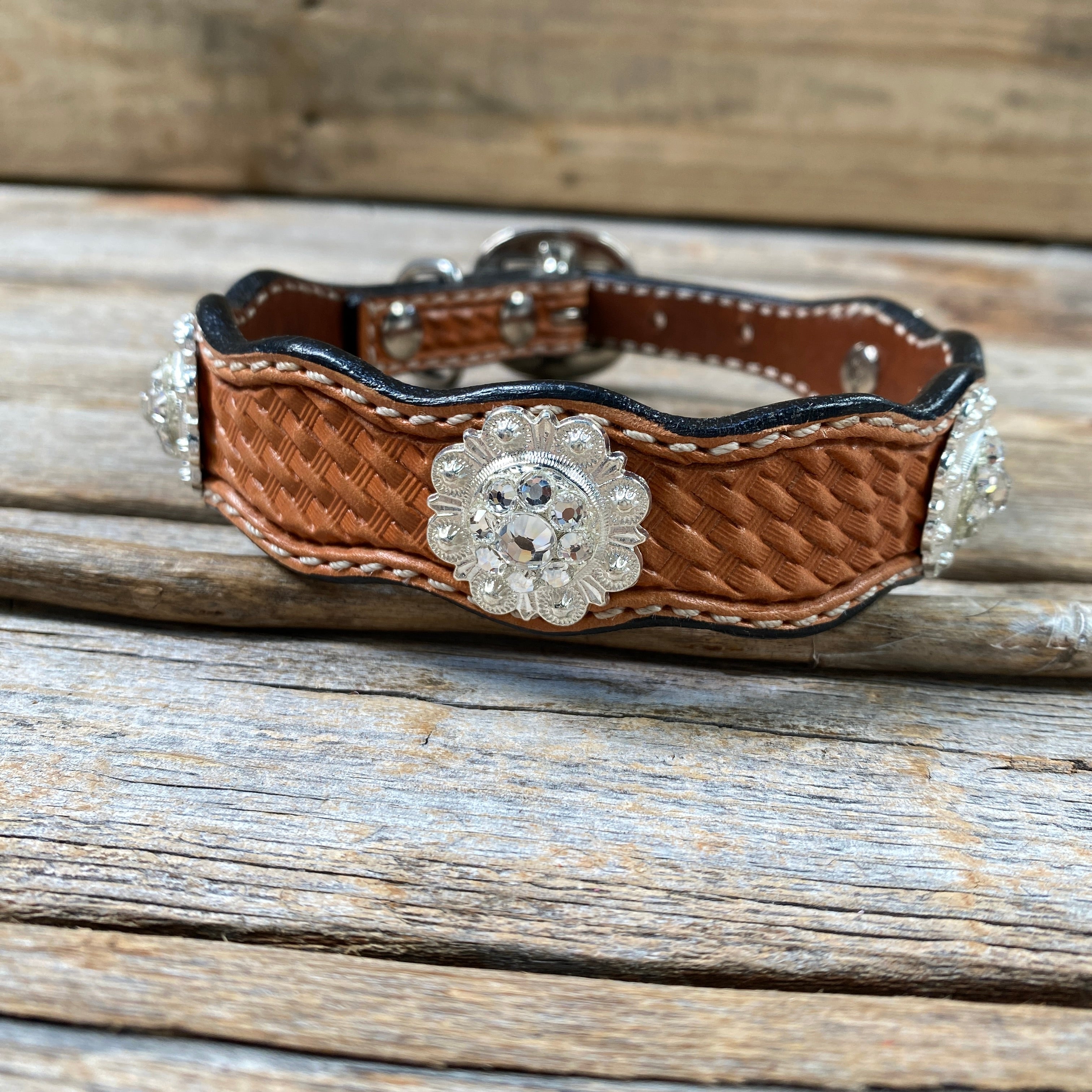 Genuine Leather Dog Collar or Leash With Bright Silver Clear Conchos 10" to 22" DC1 — view 3