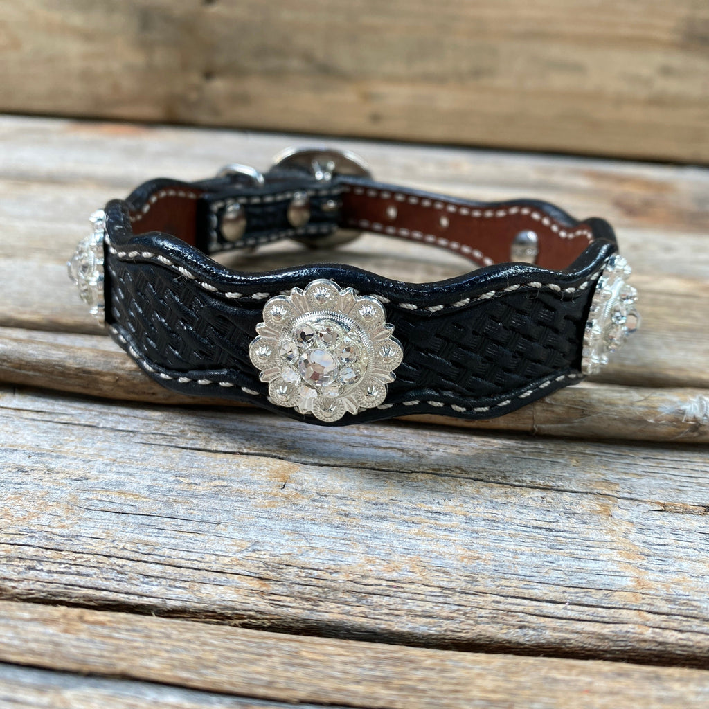 Genuine Leather Dog Collar or Leash With Bright Silver Clear Conchos 10" to 22" DC1 — view 5