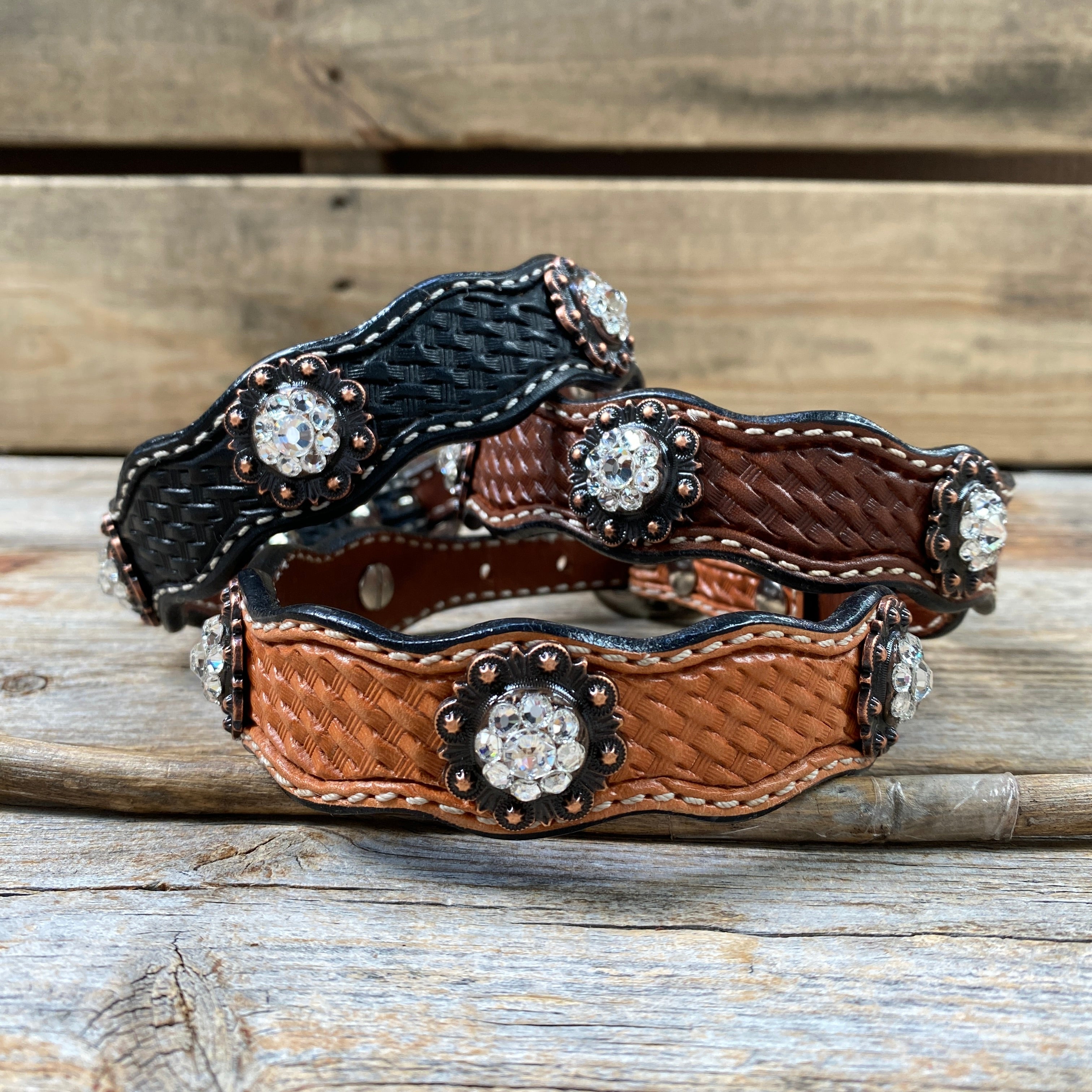 Genuine Leather Dog Collar With Copper Clear Conchos 10" to 22" -DC8