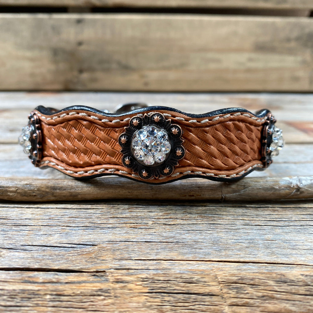 Genuine Leather Dog Collar With Copper Clear Conchos 10" to 22" -DC8 — view 2